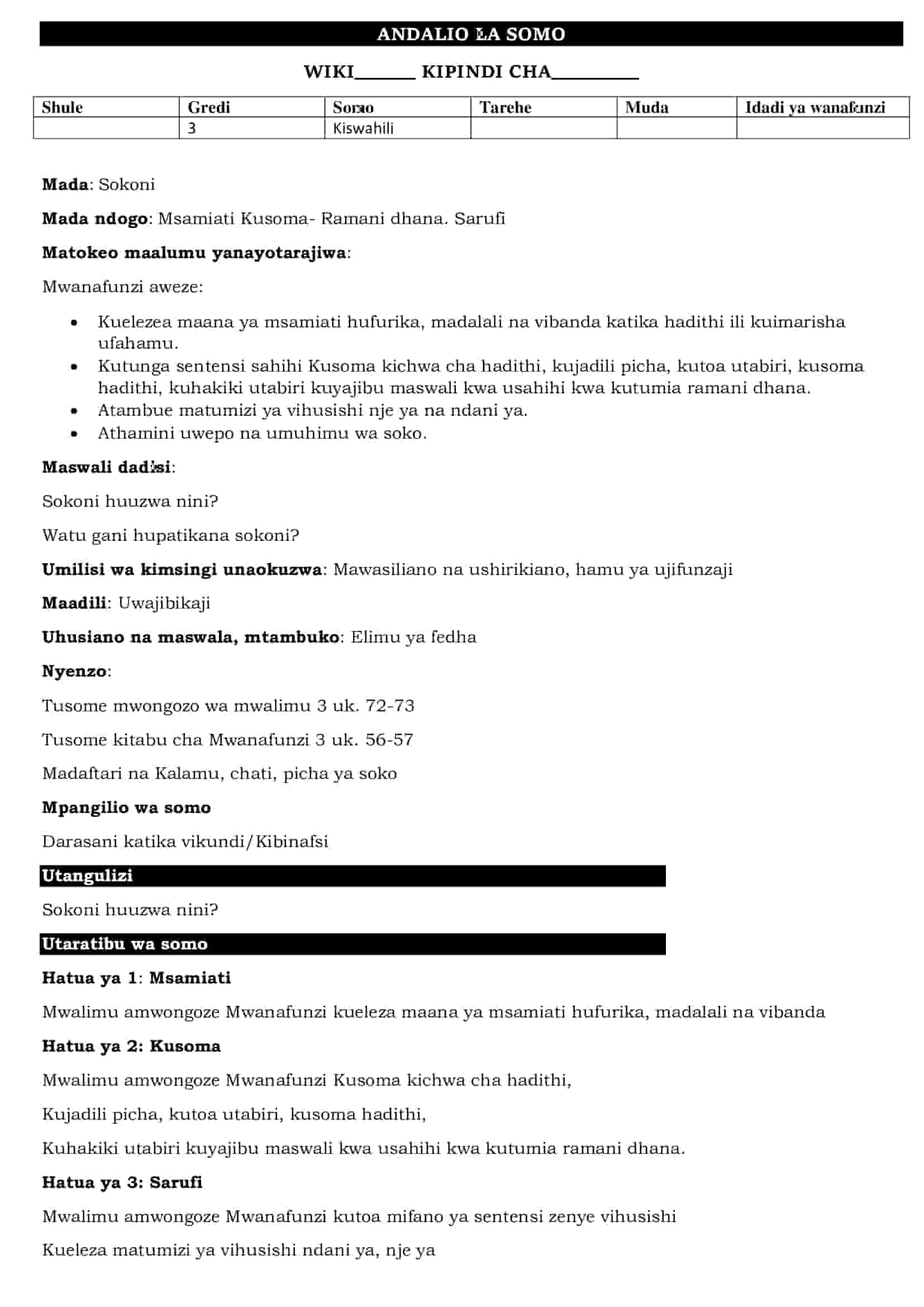 Sokoni Lesson Plans Grade 3 Kiswahili Activities