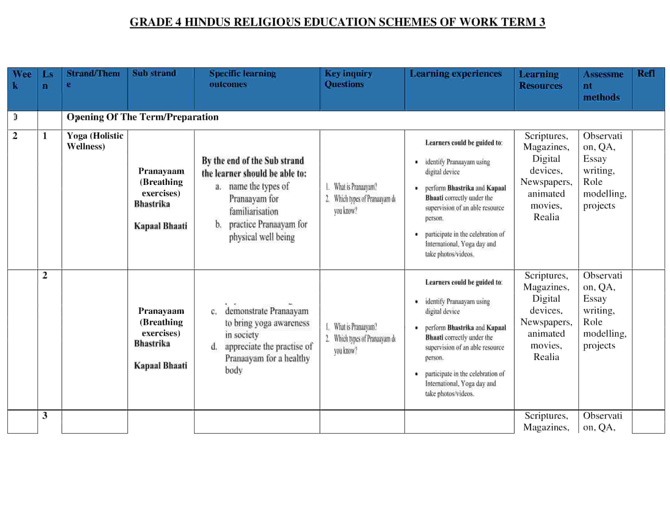 Grade 4 Hindu Religious Activities Schemes of Work Term 3