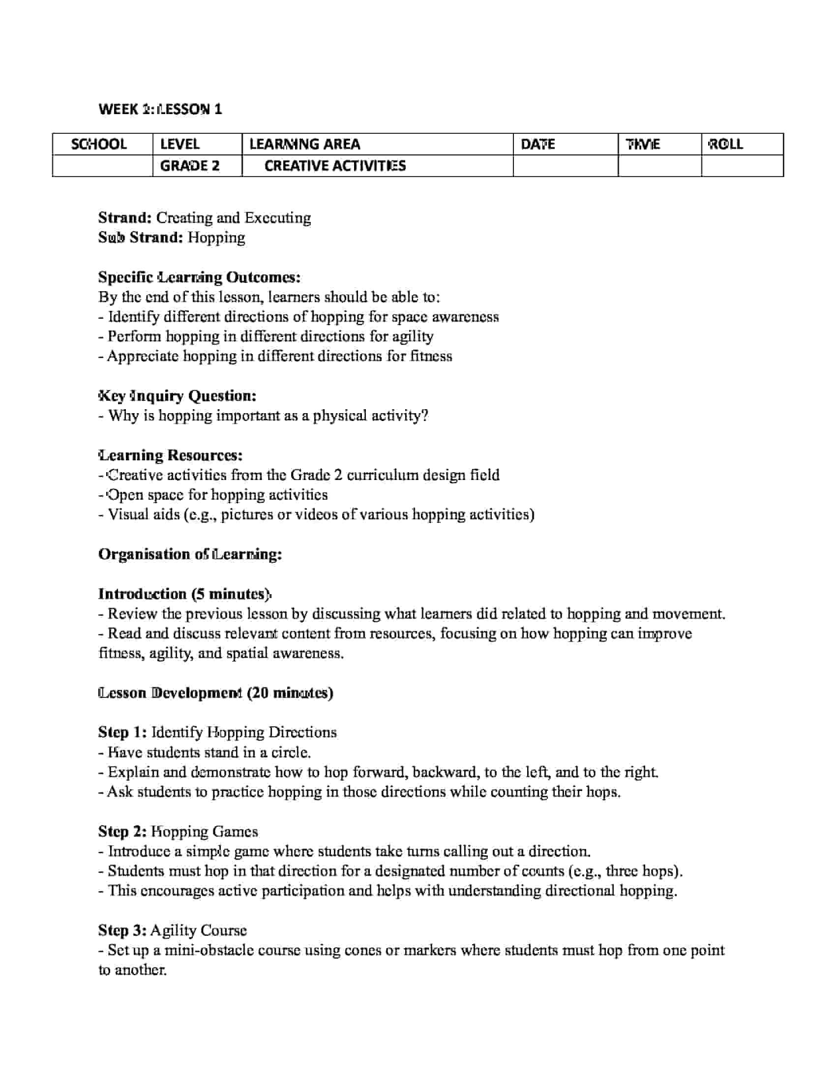 Grade 2 Rationalized Creative Activities Lesson Plans Term 1