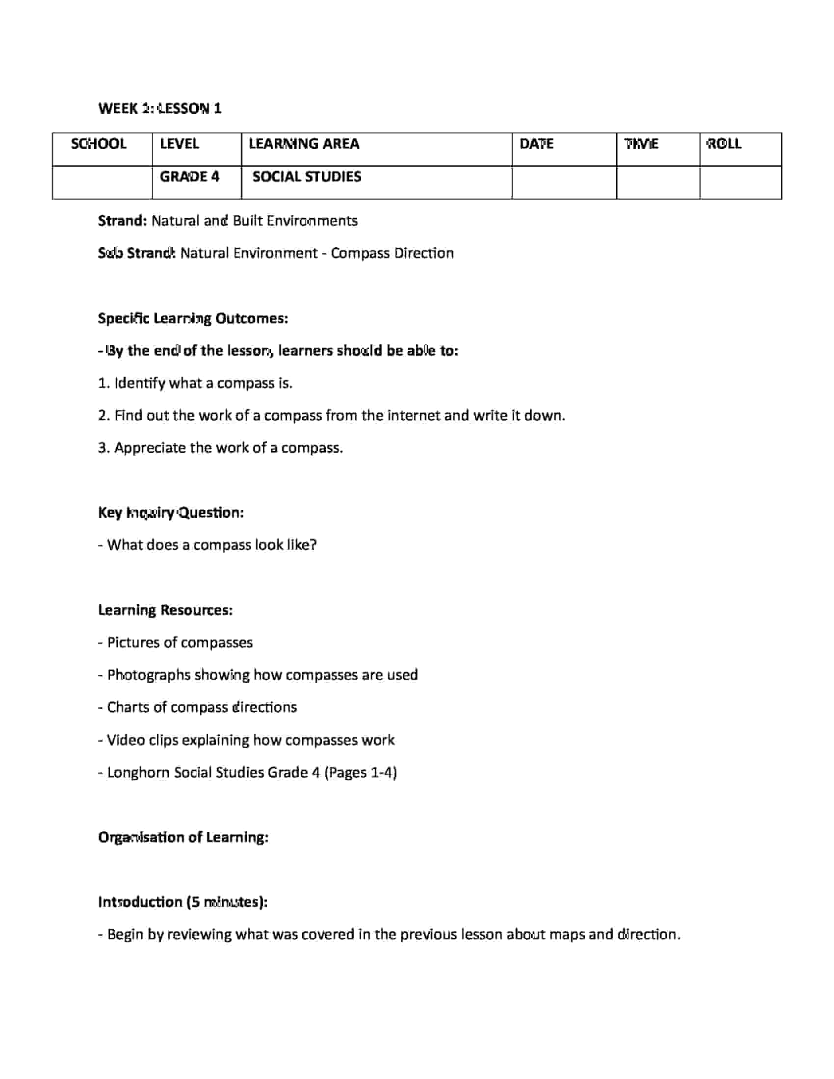 Grade 4 Rationalized Social Studies Lesson Plans Term 1 - Elimplex