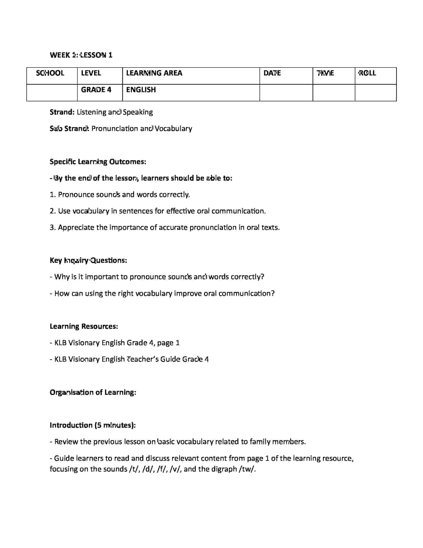 Grade 4 Rationalized English Lesson Plans Term 1 - Elimplex