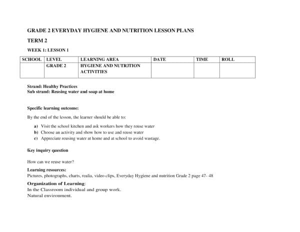Grade 2 Hygiene and Nutrition Lesson Plans Term 2 - Elimplex