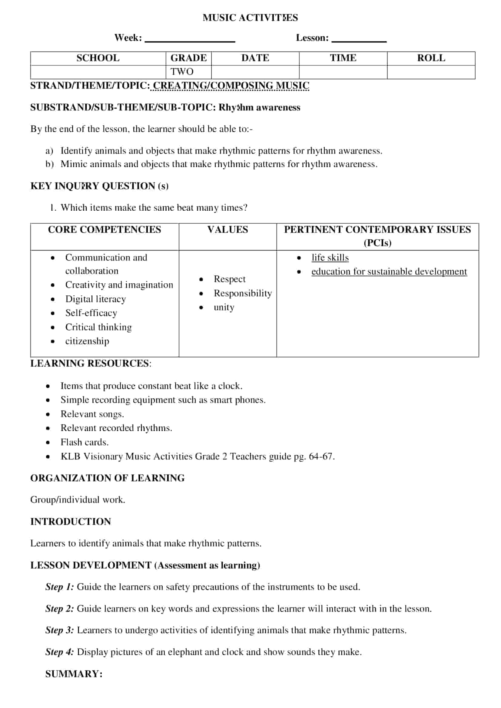 Grade 2 Music Activities Creating and Composing Lesson Plans