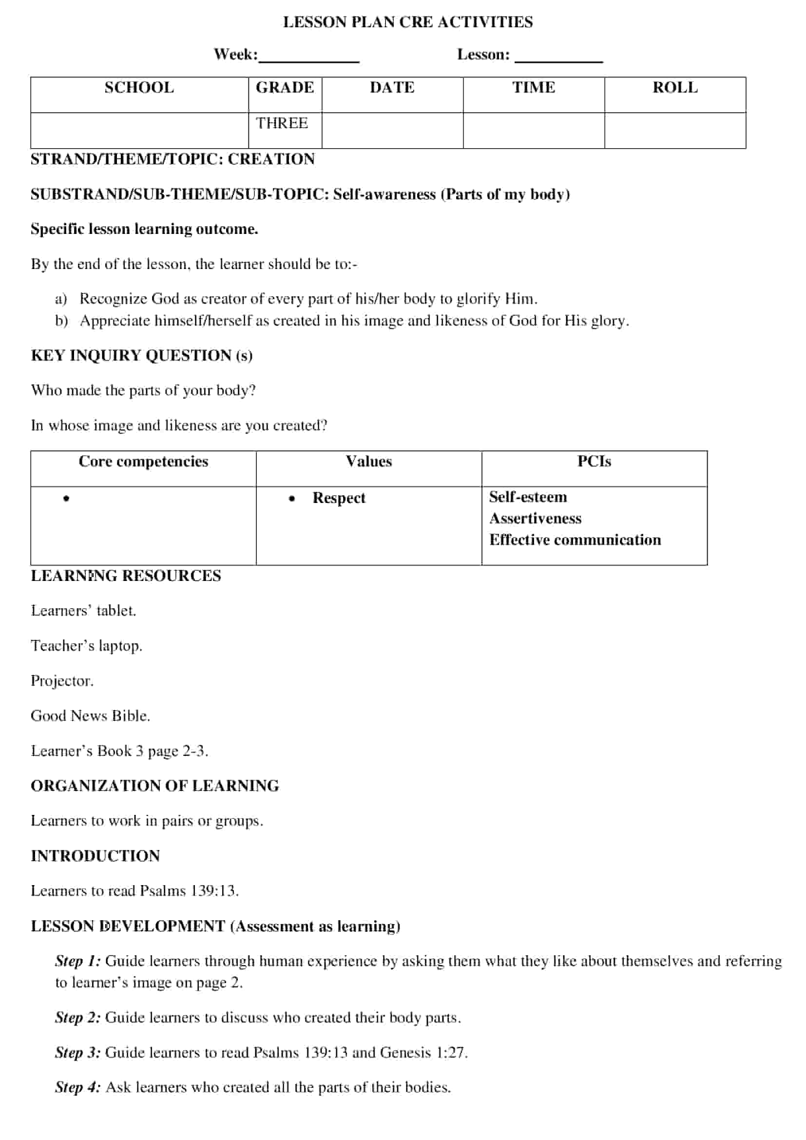 Grade 3 CRE Creation Lesson Plans