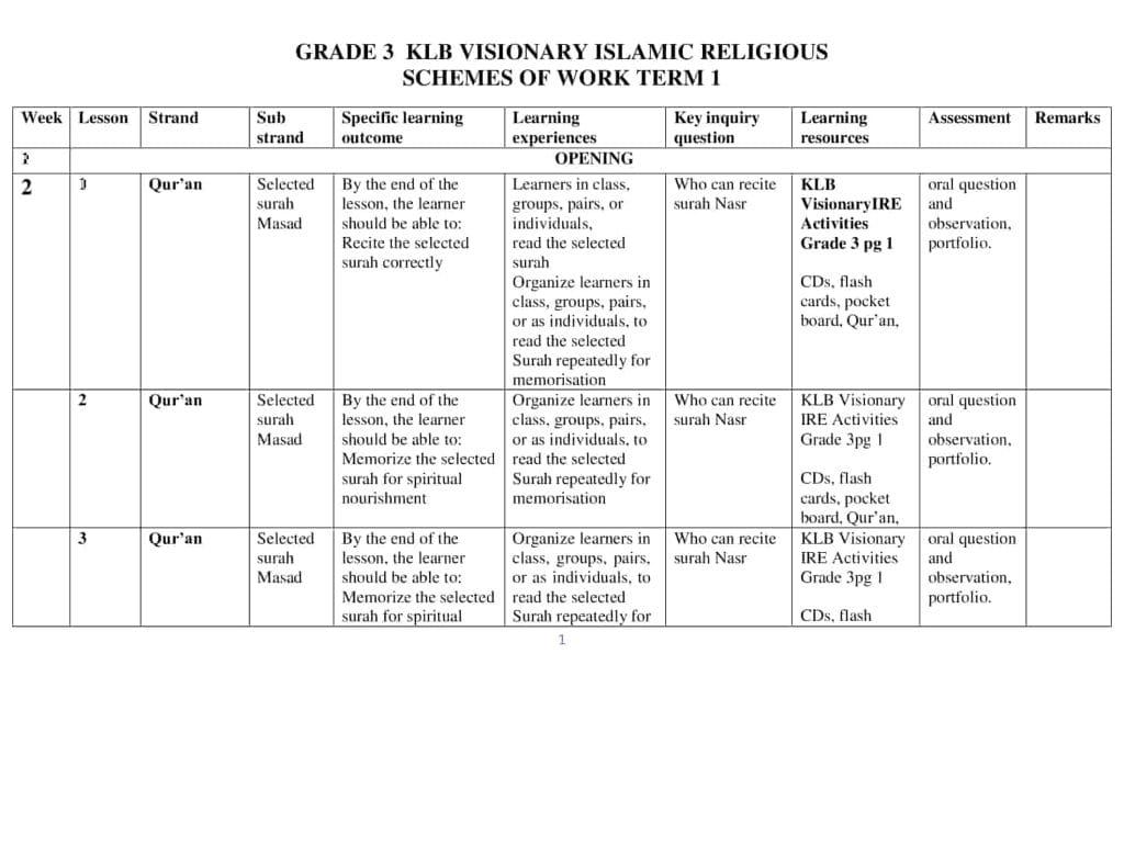 Grade 3 Rationalized KLB Visionary IRE Schemes of Work Term 1 - Elimplex