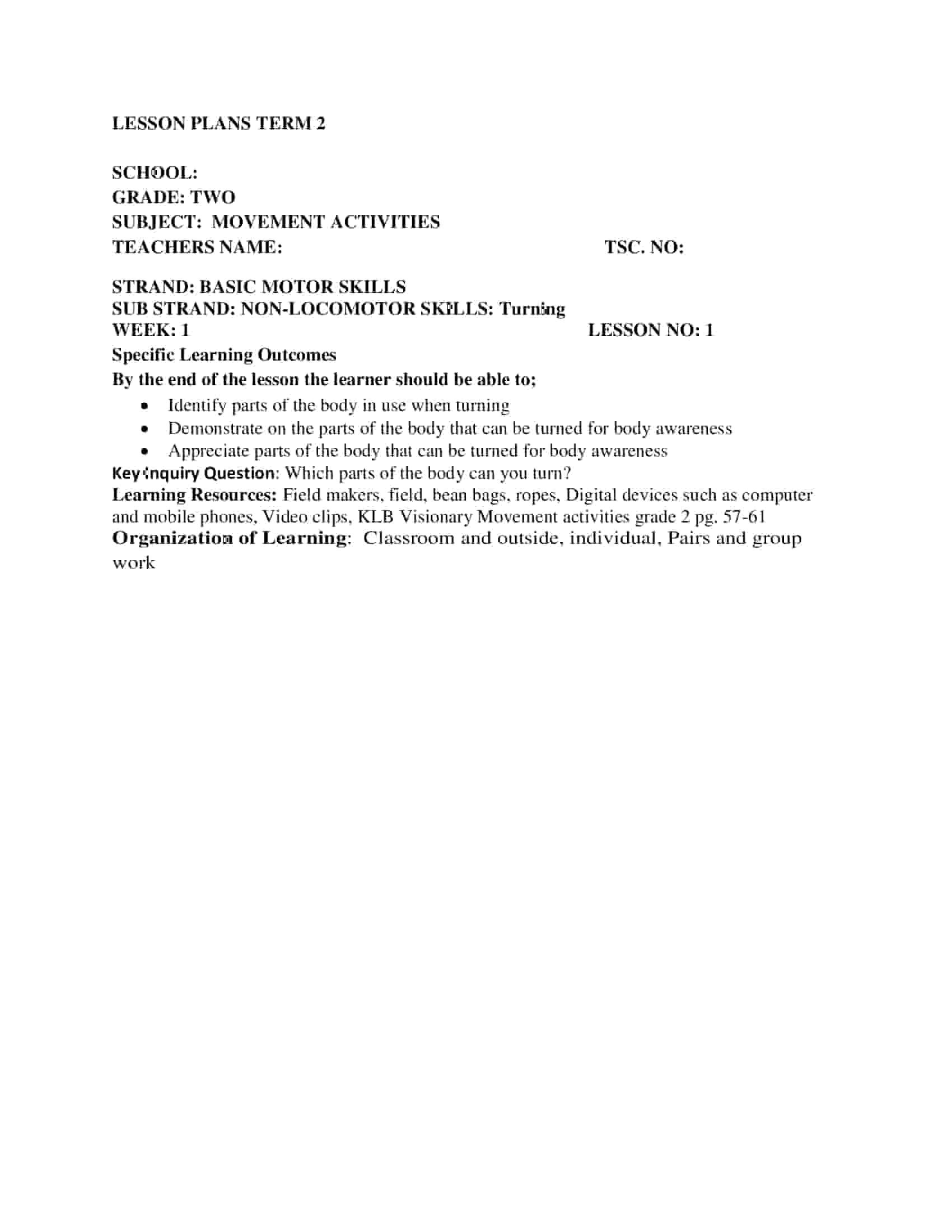 Grade 2 KLB Visionary Movement Activities Lesson Plans Term 2 - Elimplex