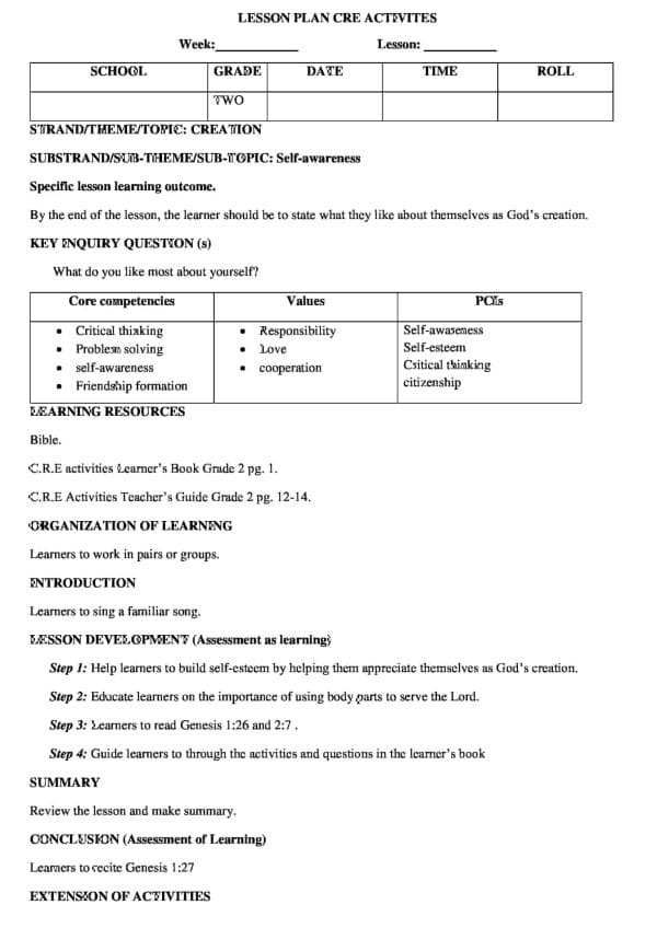 Grade 2 CRE Creation Lesson Plans