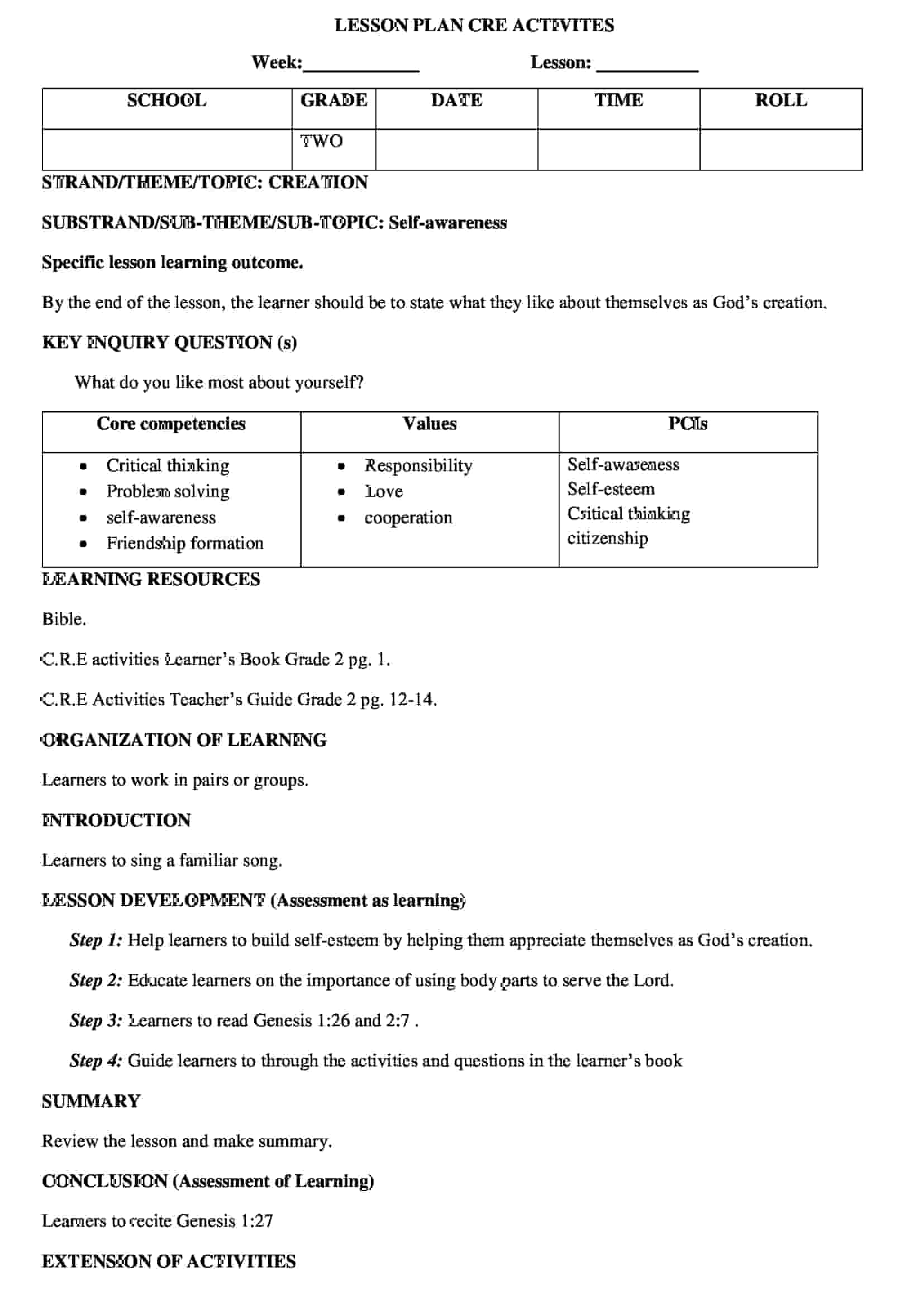 Grade 2 CRE Creation Lesson Plans