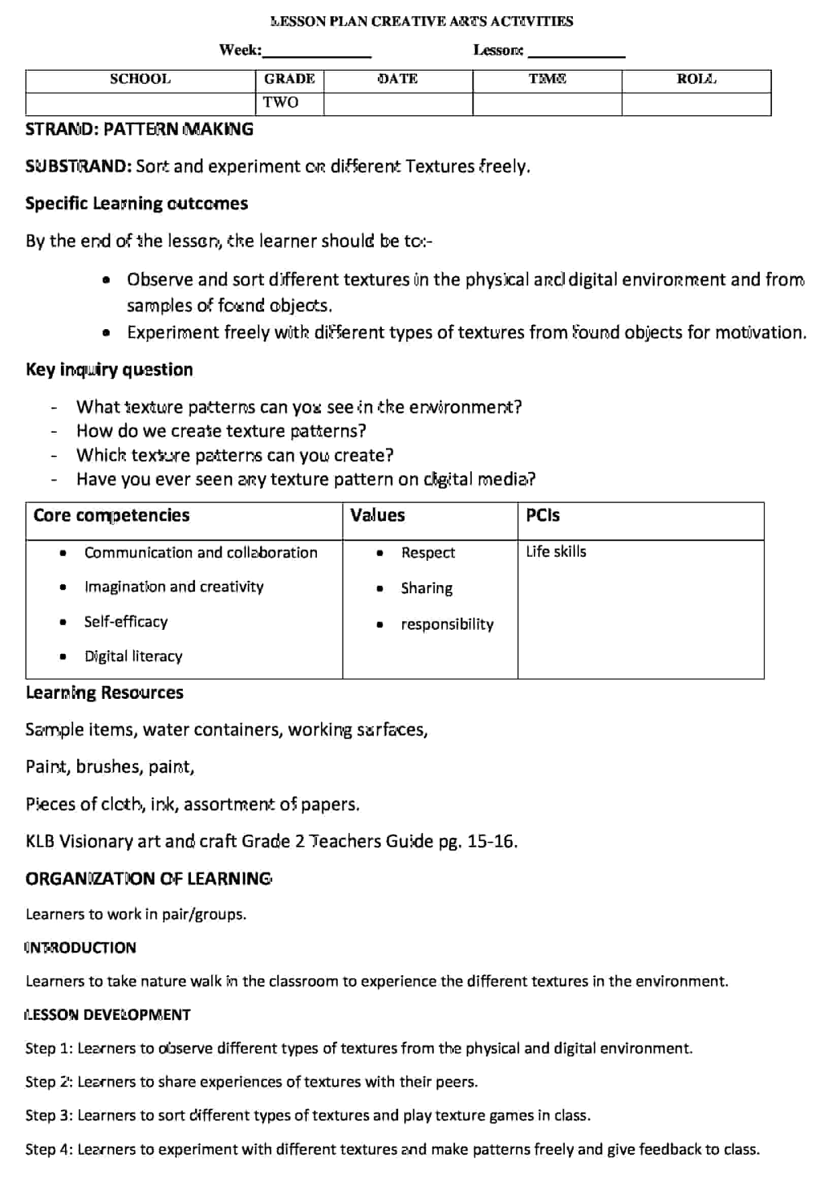 Grade 2 Art and Craft Pattern Making Lesson Plans