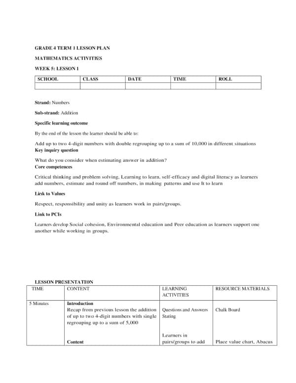 Grade 4 KLB Mathematics Lesson Plans Term 1 Week 5-8 - Elimplex
