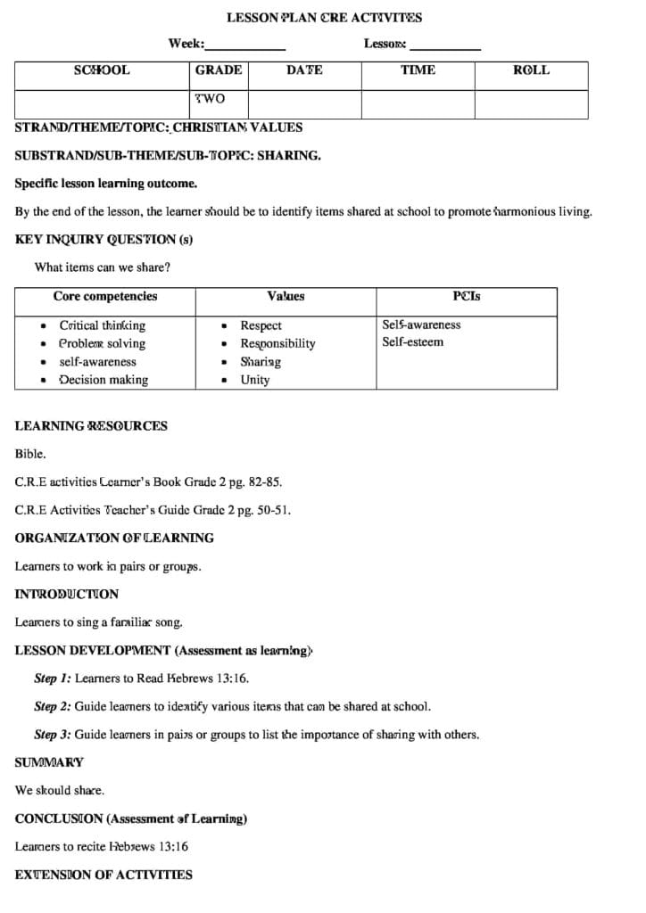 Grade 2 CRE Christian Values Lesson Plans Elimplex
