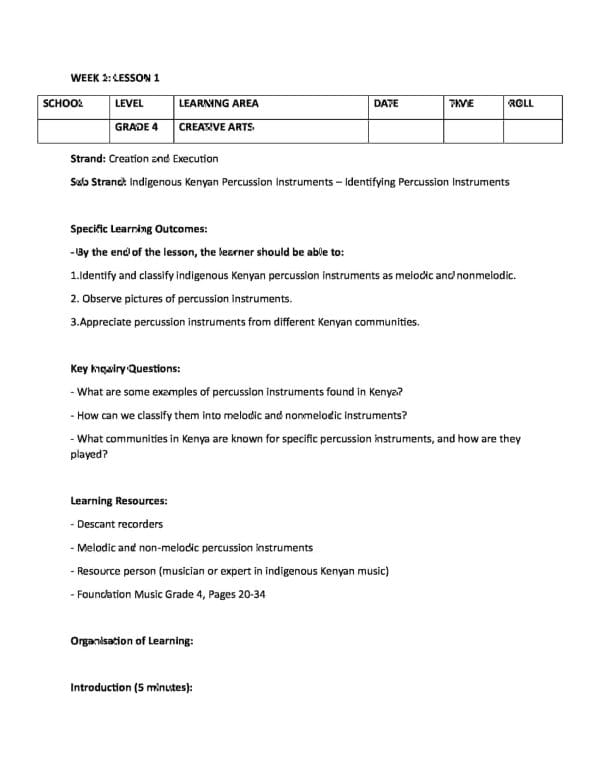 Grade 4 Rationalized Creative Arts Lesson Plans Term 1 - Elimplex