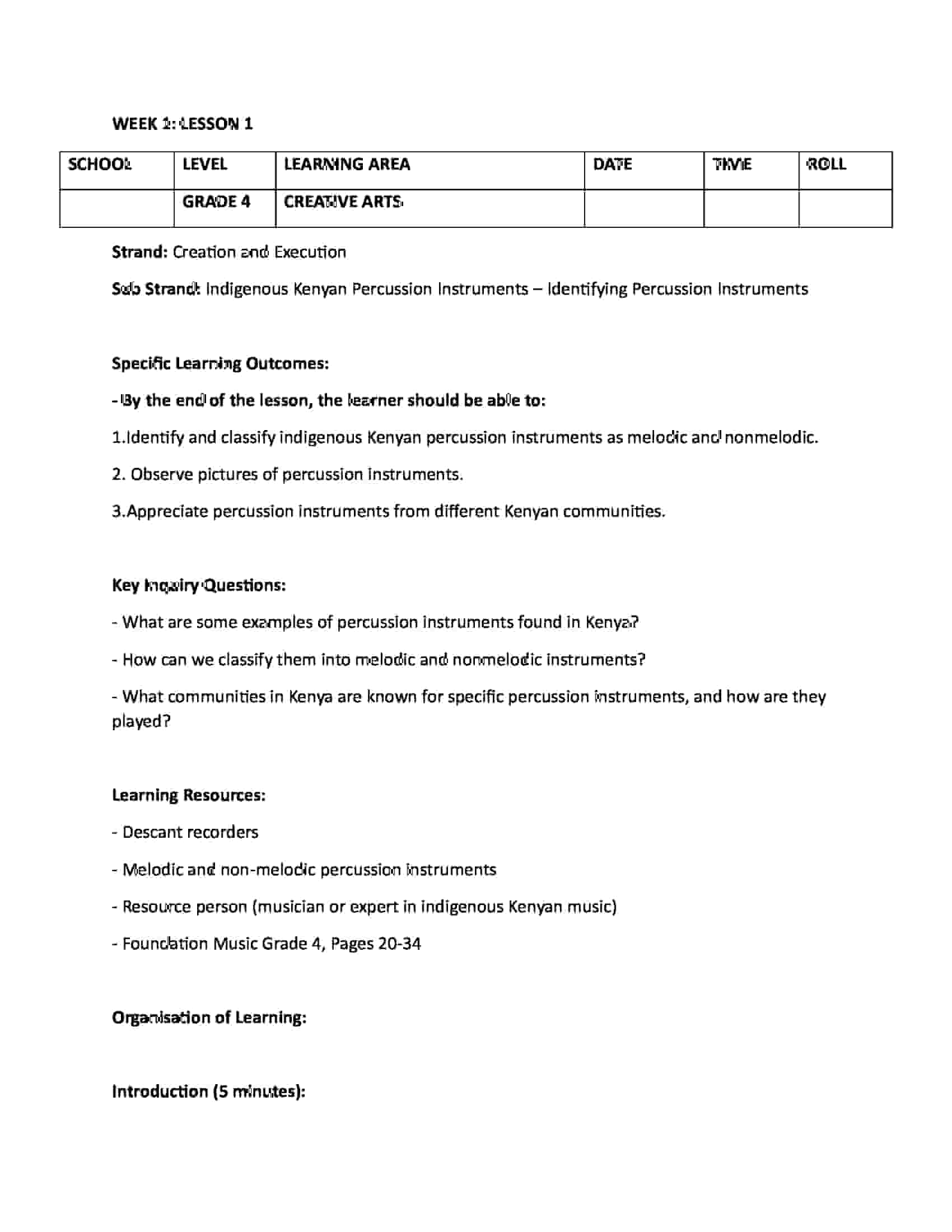 Grade 4 Rationalized Creative Arts Lesson Plans Term 1