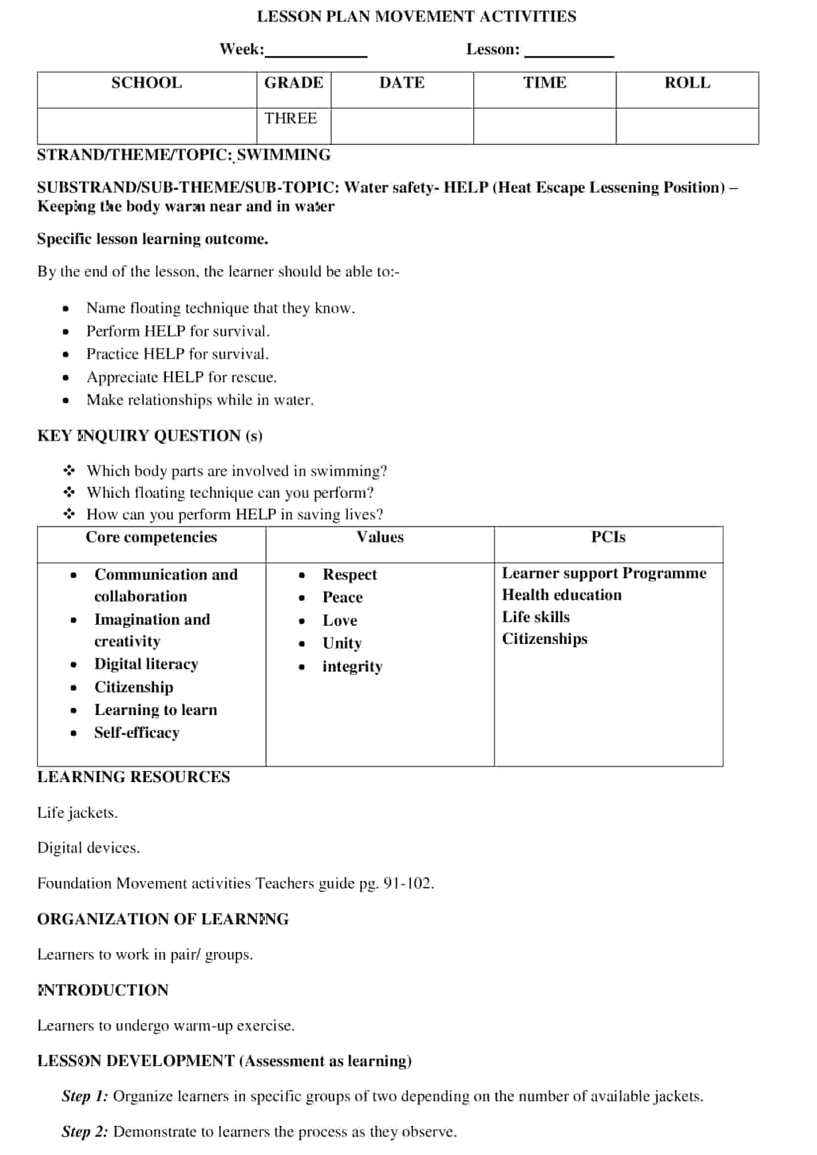 Grade 3 Movement Activities – Swimming Lesson Plans
