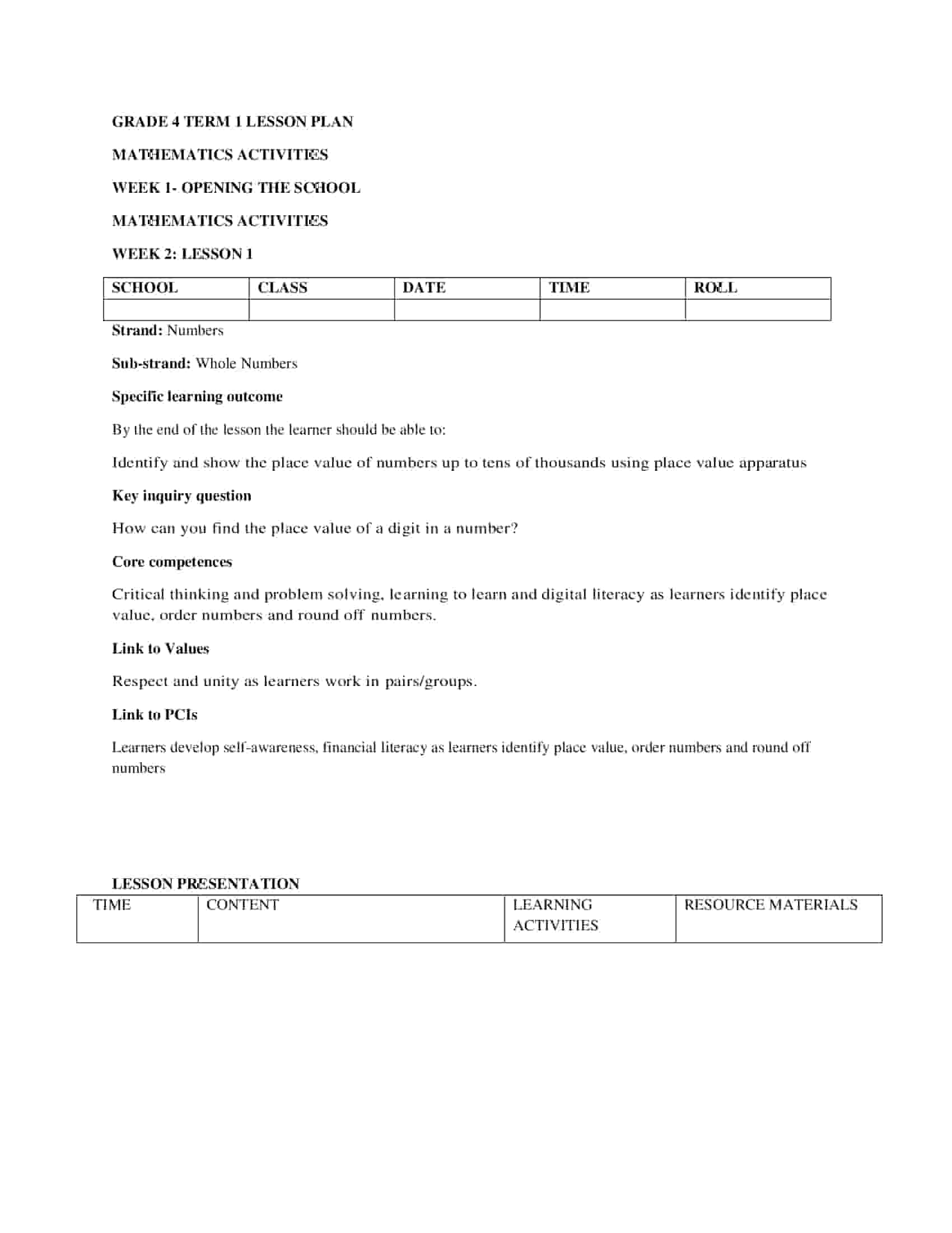 Grade 4 KLB Mathematics Lesson Plans Term 1 Week 1-4