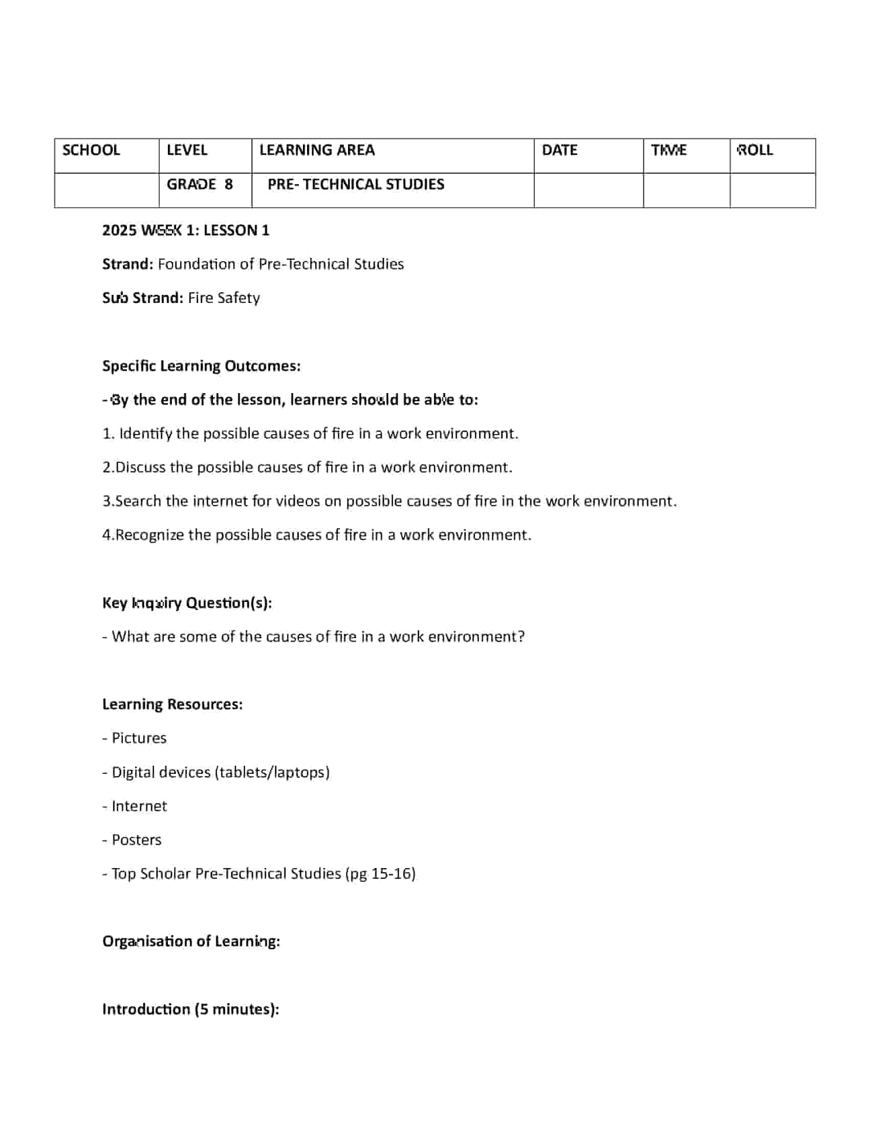 Grade 8 Pre-Technical Lesson Plans Term 1