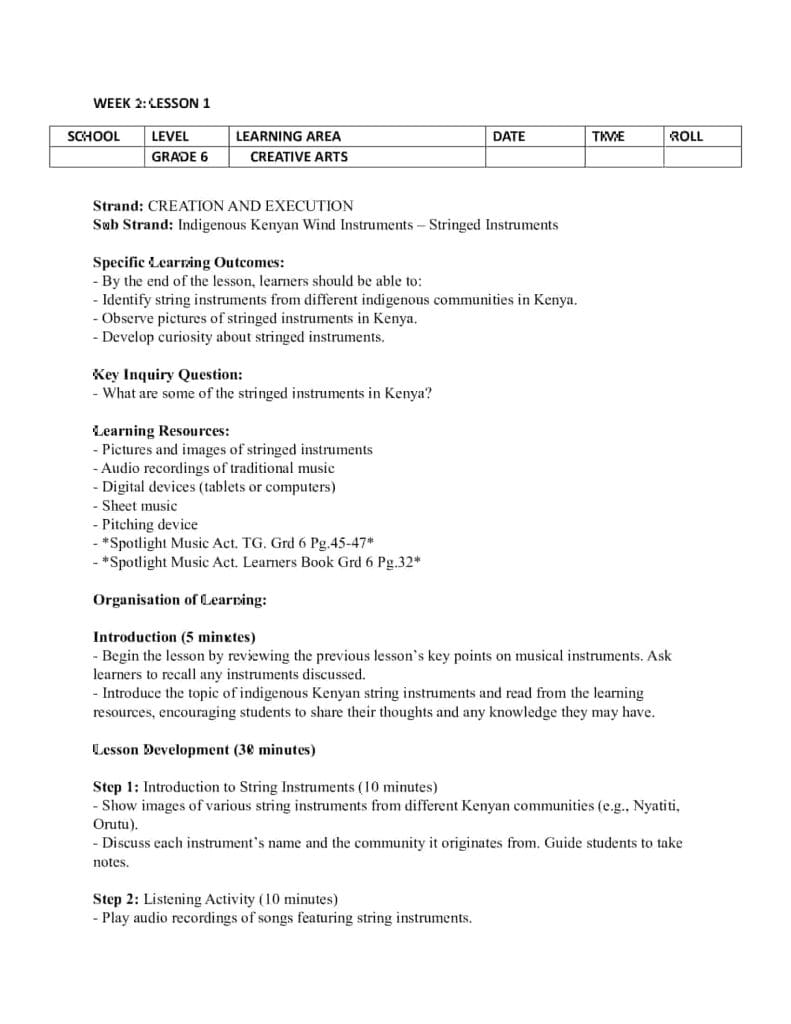 Grade 6 Rationalized Creative Arts and Sports Lesson Plans Term 1 ...