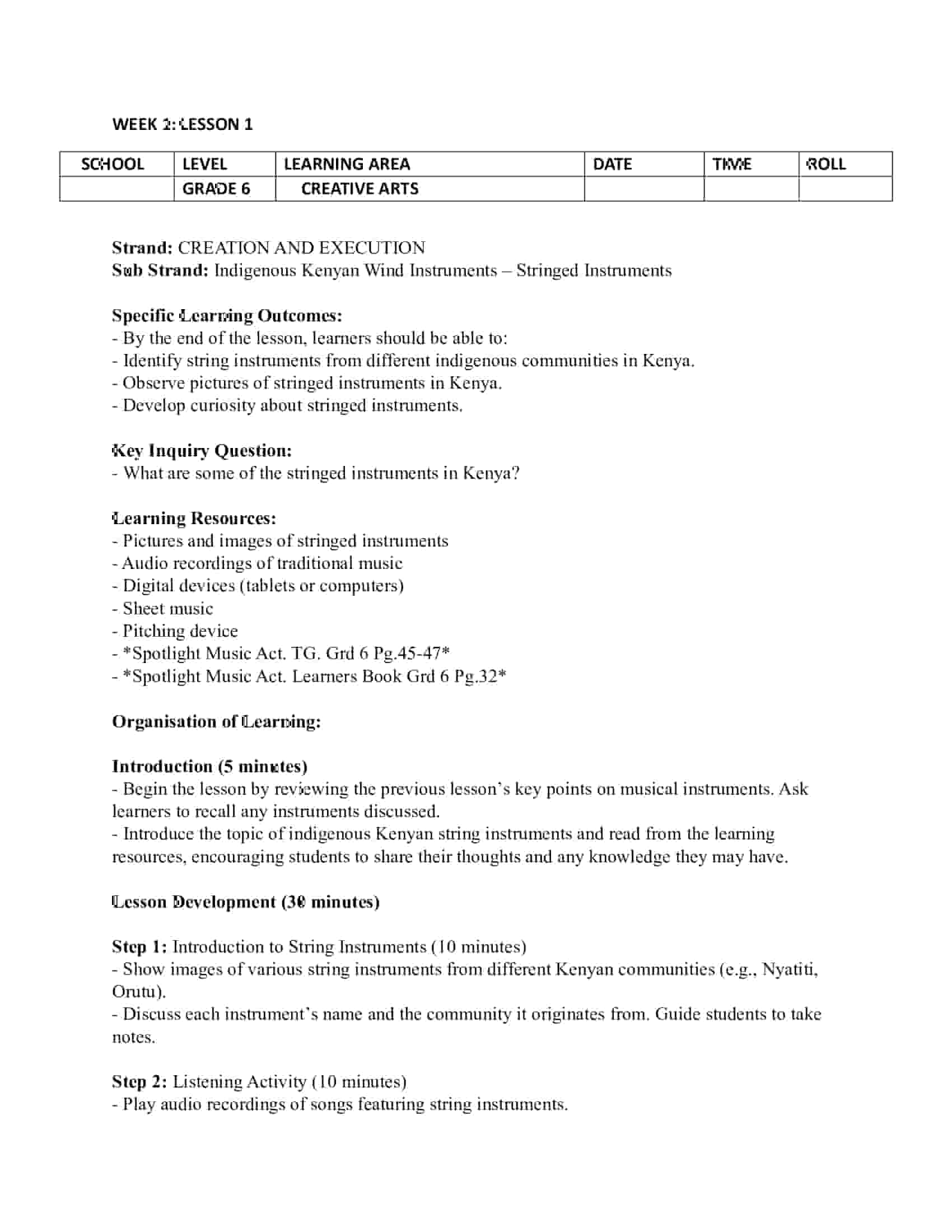 Grade 6 Rationalized Creative Arts and Sports Lesson Plans Term 1