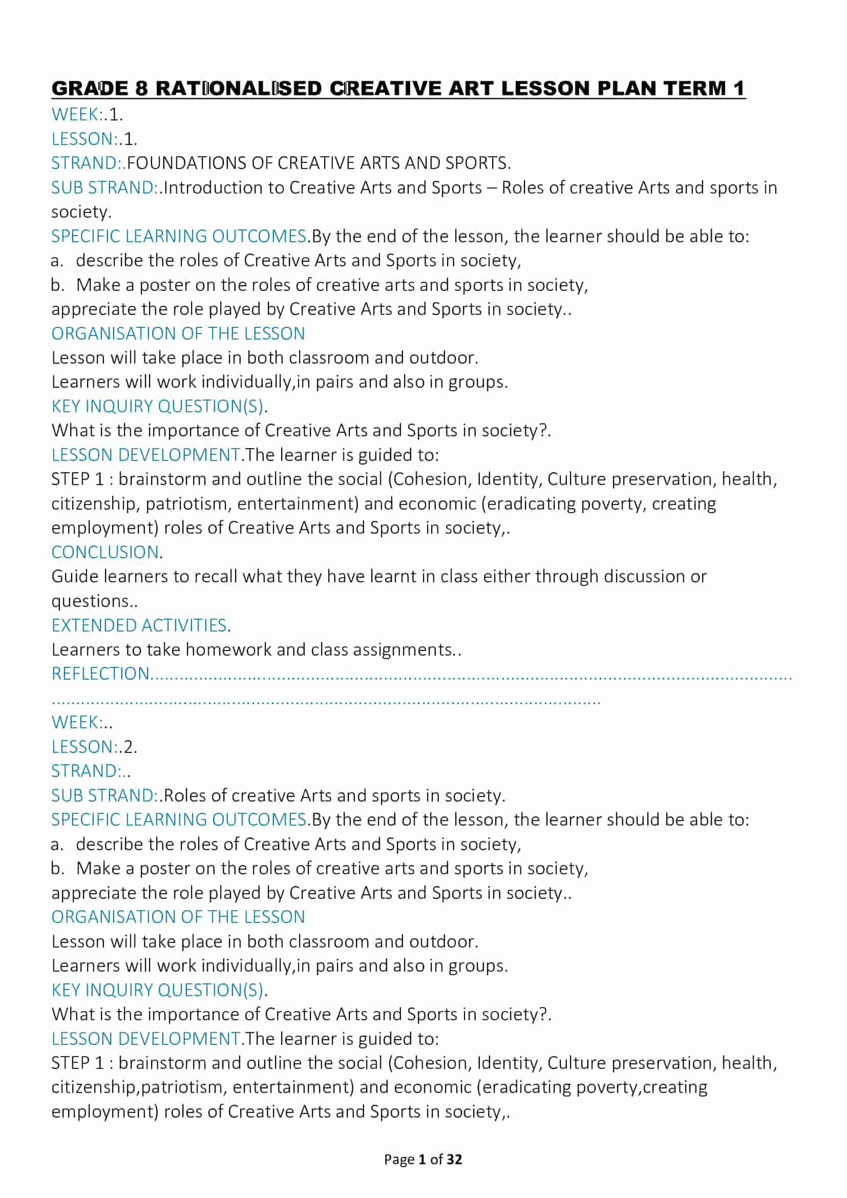Grade 8 Rationalised Creative Arts Lesson Plans Term 1