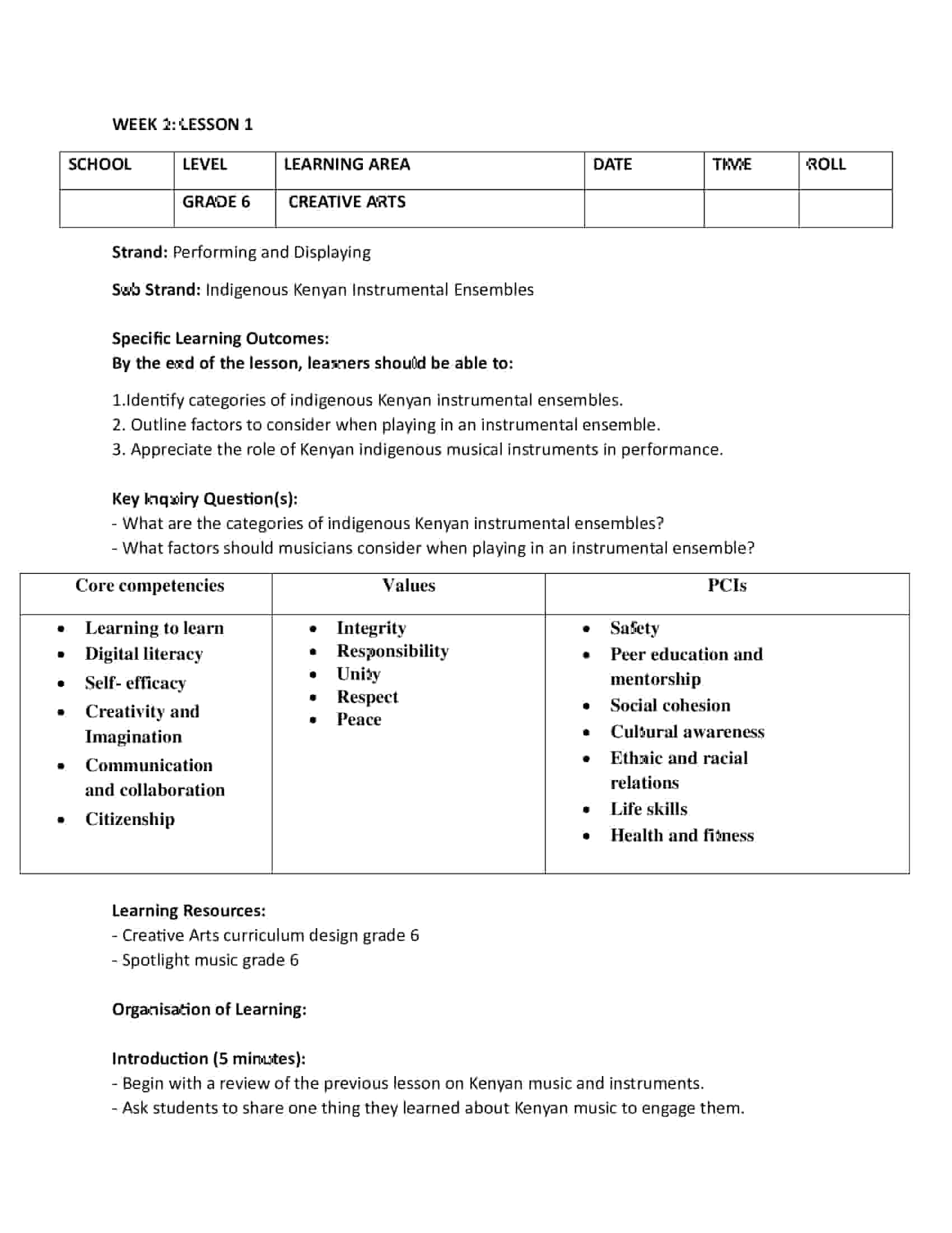 Grade 6 Rationalized Creative Arts Lesson Plans Term 3