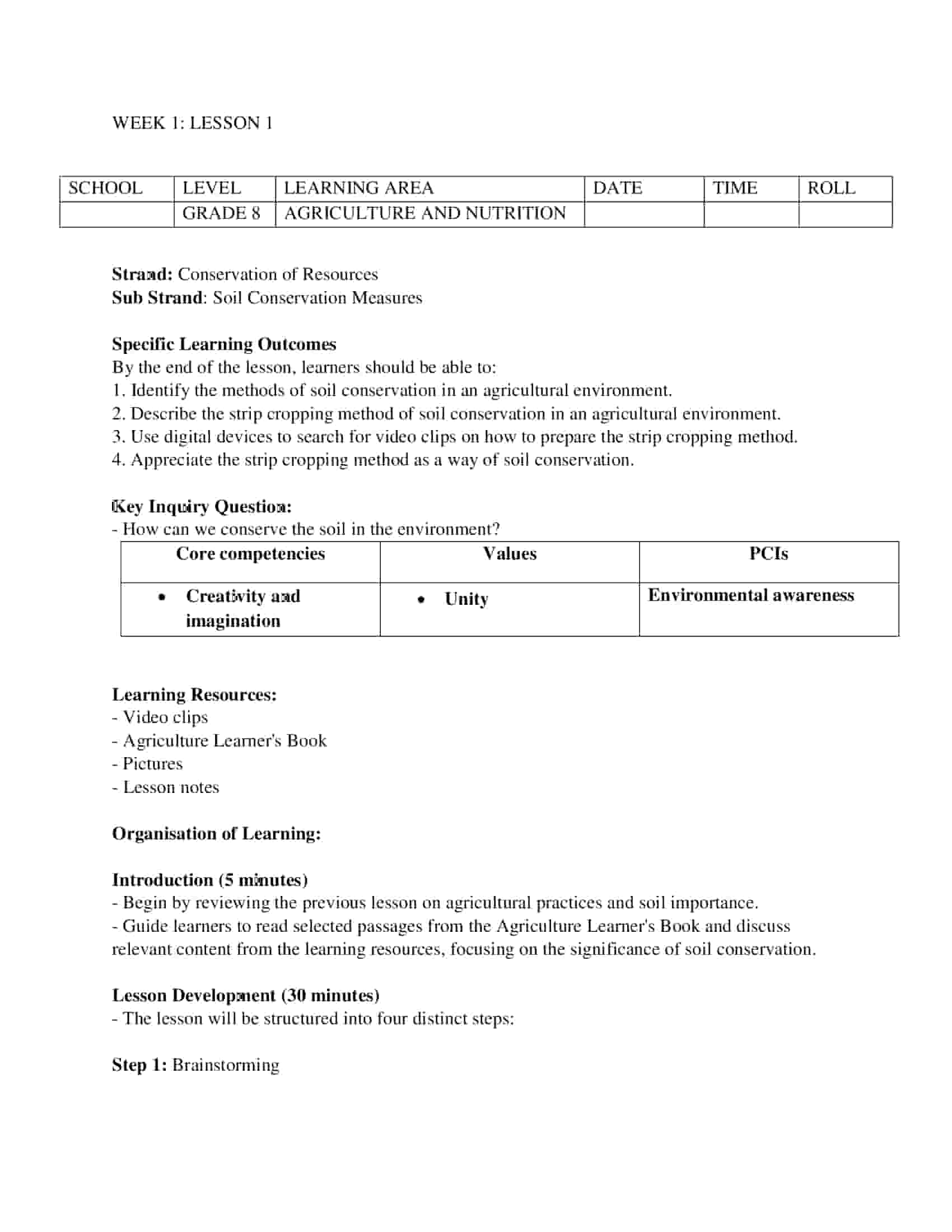 Grade 8 Agriculture and Nutrition Lesson Plans on Conservation of Resources