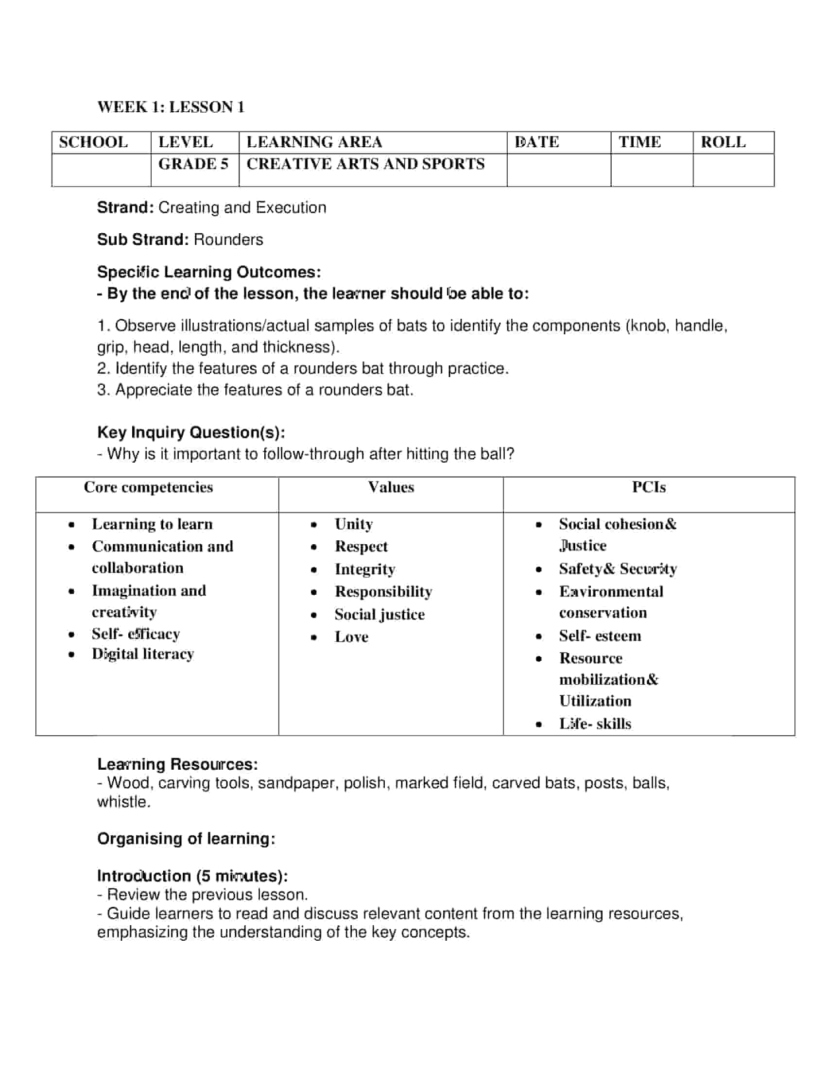 Grade 5 Rationalised Creative Arts and Sports Lesson Plans Term 2