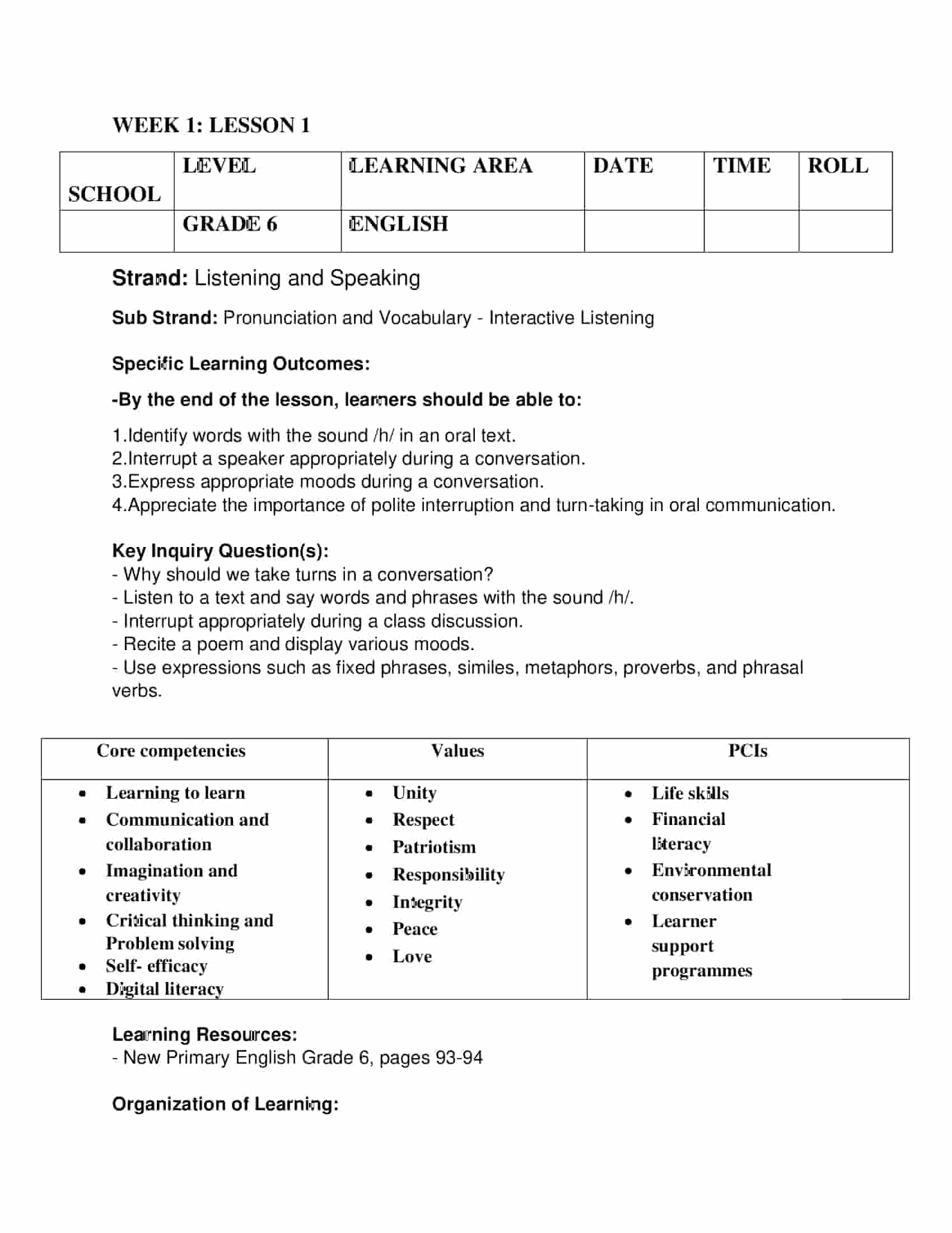 Download Grade 6 Rationalized English Lesson Plans Term 3