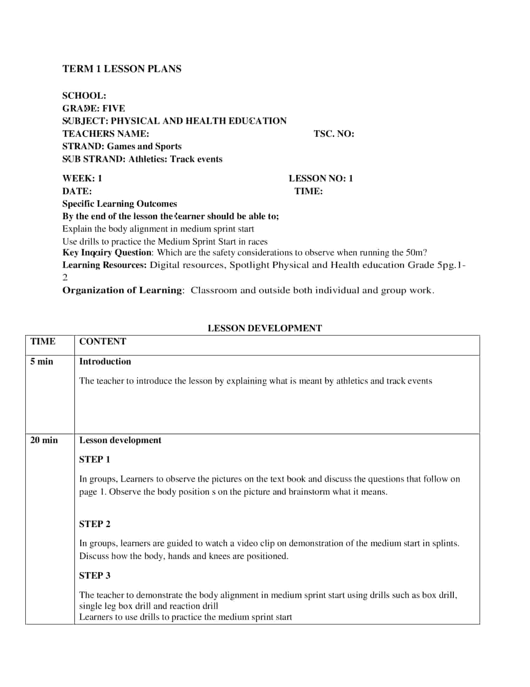 Download Grade 5 PHE Lesson Plans Term 1 Spotlight