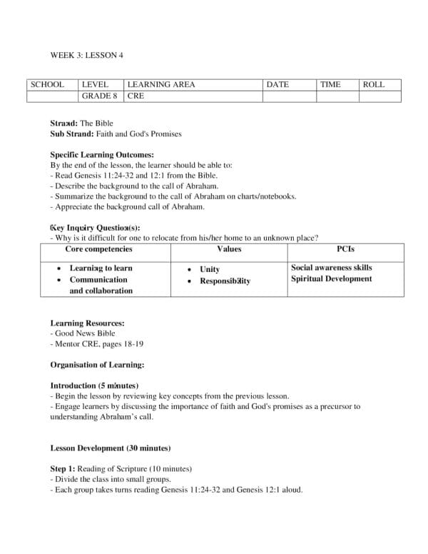 Grade 8 CRE Lesson Plans on the Bible.