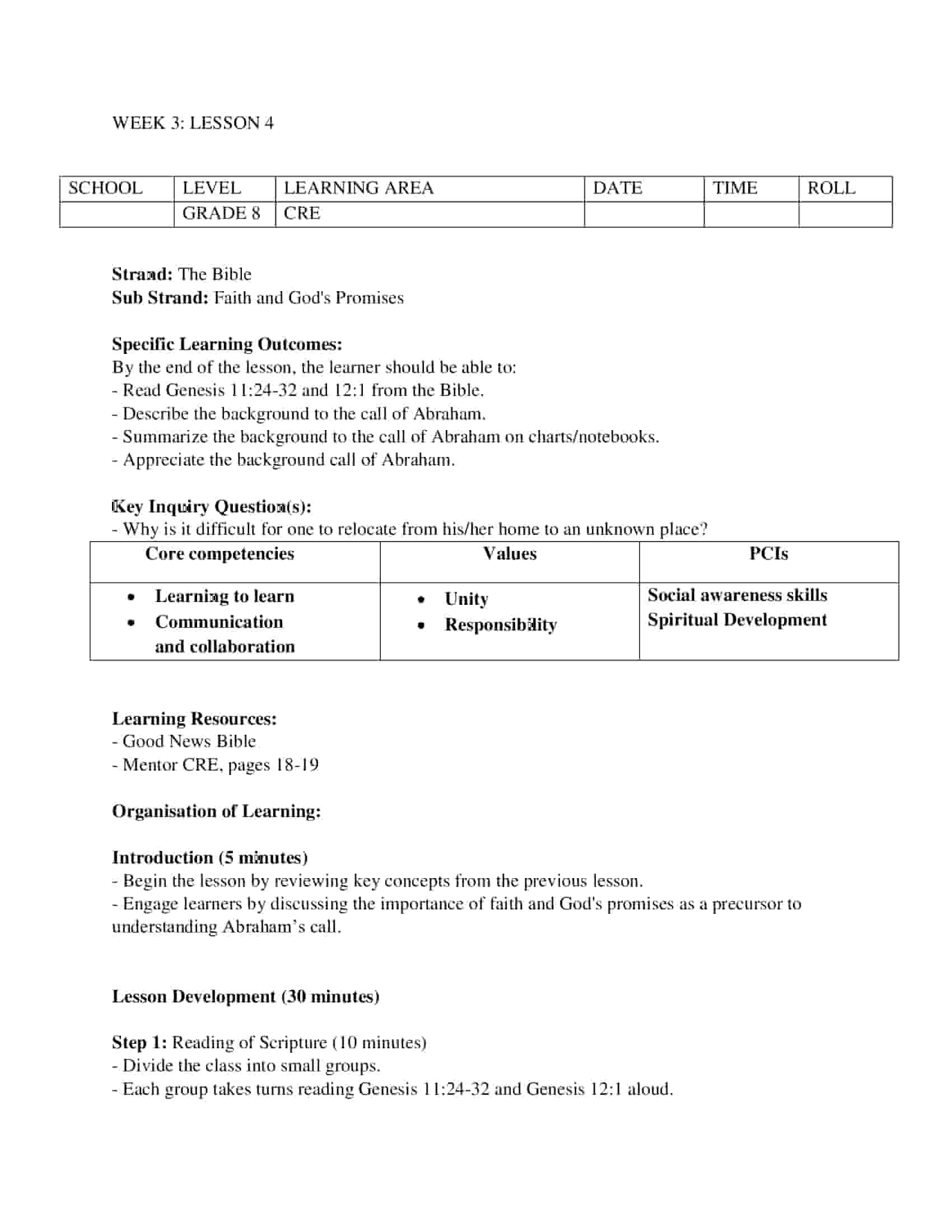 Grade 8 CRE Lesson Plans on the Bible.
