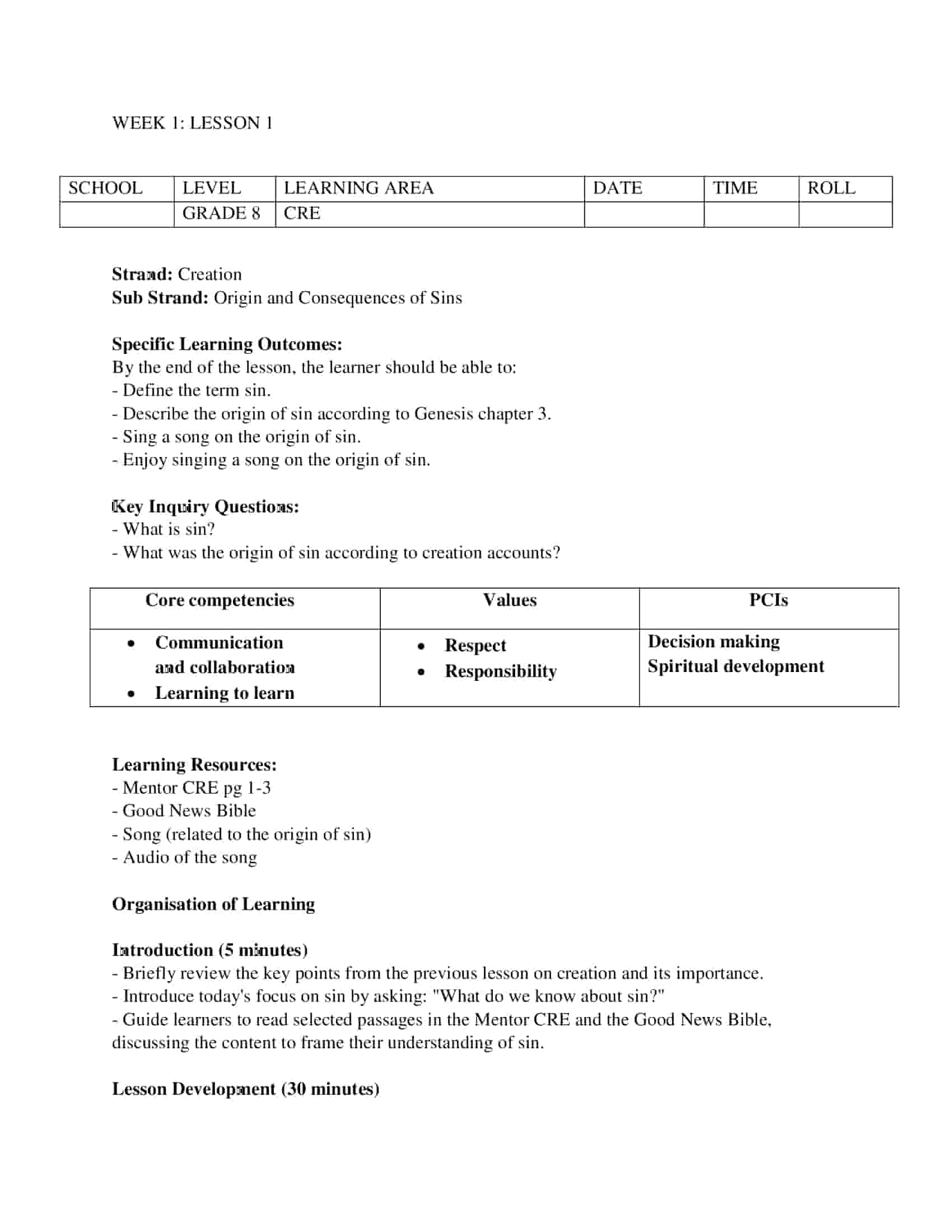 Grade 8 CRE Lesson Plans on Creation.