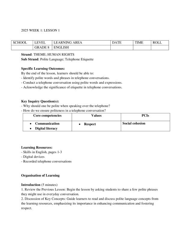 Grade 8 English Lesson Plans for Term 1 - Elimplex