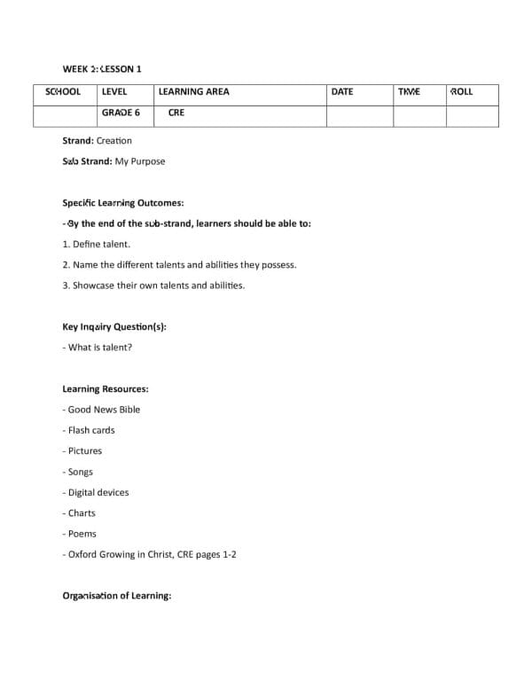 Get Grade 6 Rationalized CRE Lesson Plans Term 1