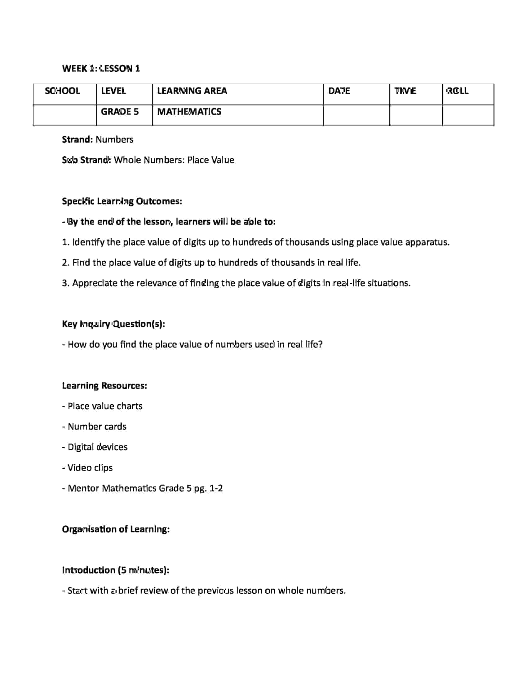 Get Grade 5 Rationalized Mathematics Lesson Plans Term 1