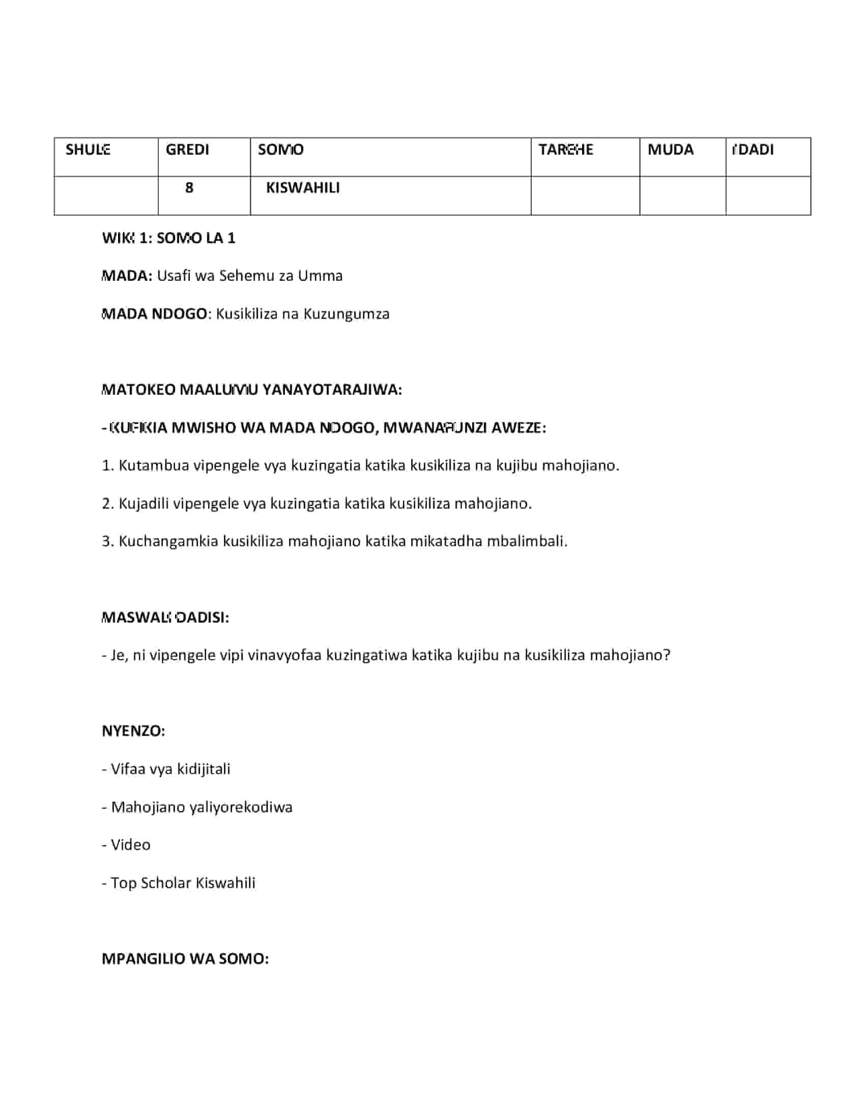 Grade 8 Rationalized Kiswahili Lesson Plans Term 1.
