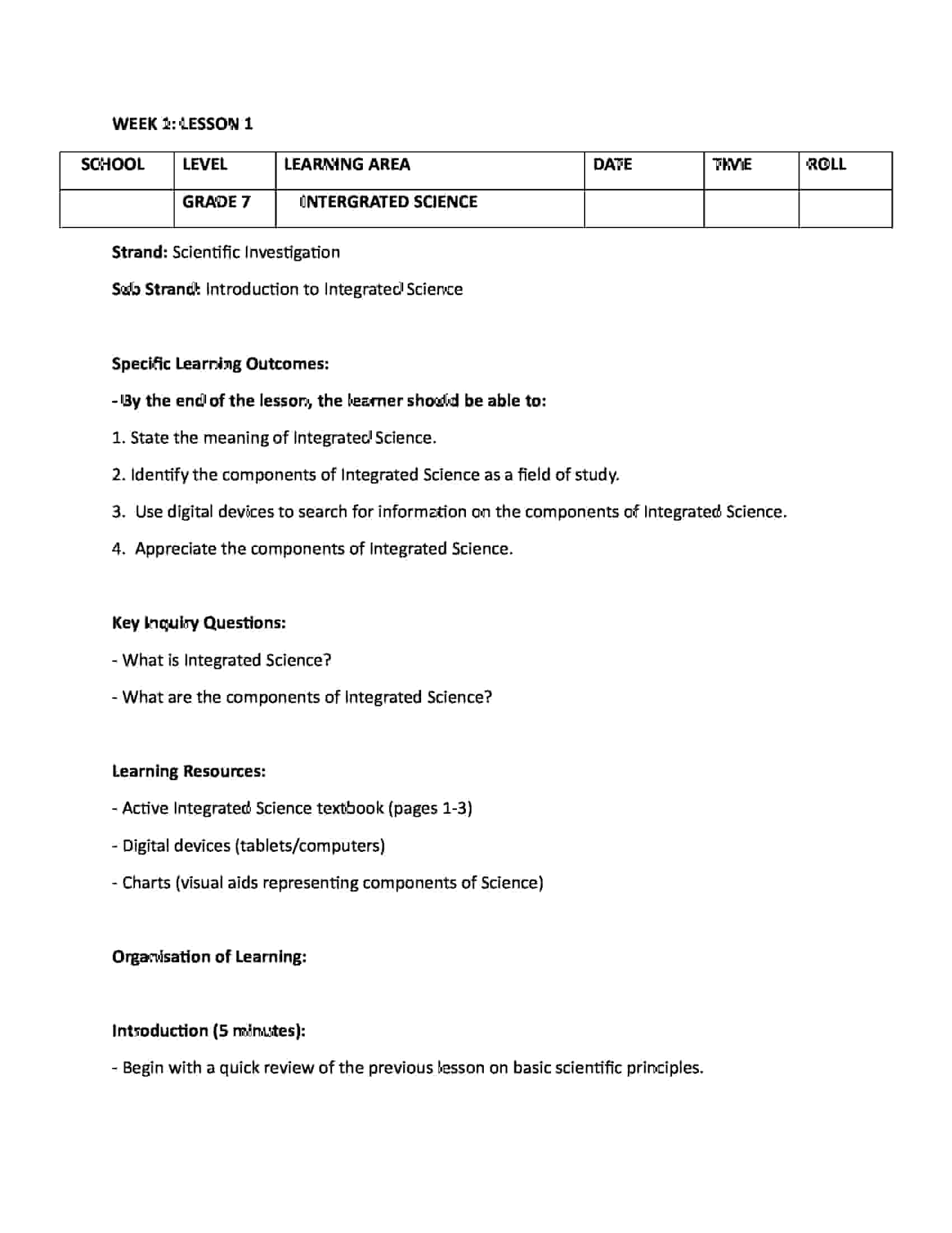 Grade 7 Rationalized Integrated Science Lesson Plans Term 1 - Elimplex
