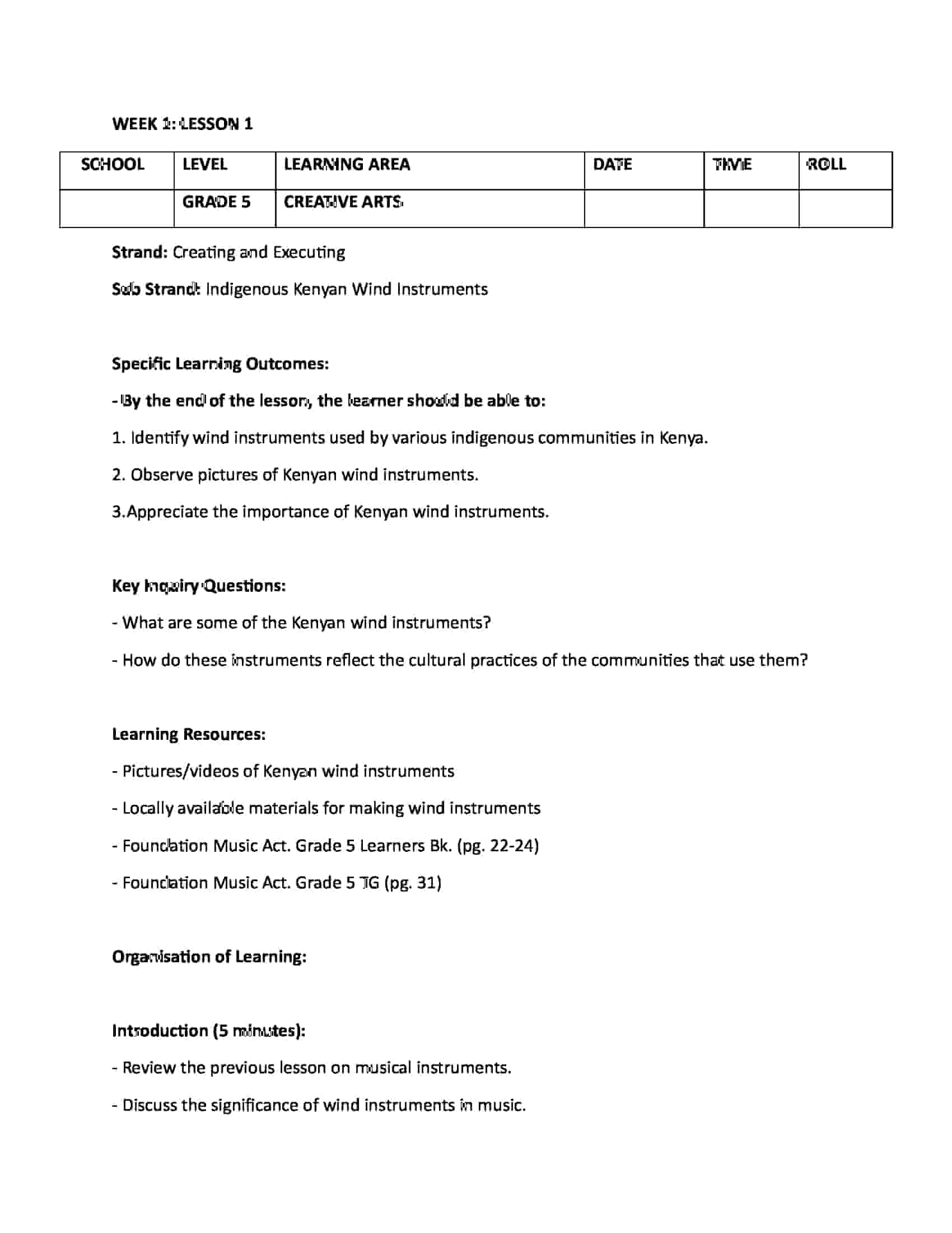 Get Grade 5 Rationalized Creative Arts and Sports Lesson Plans Term 1