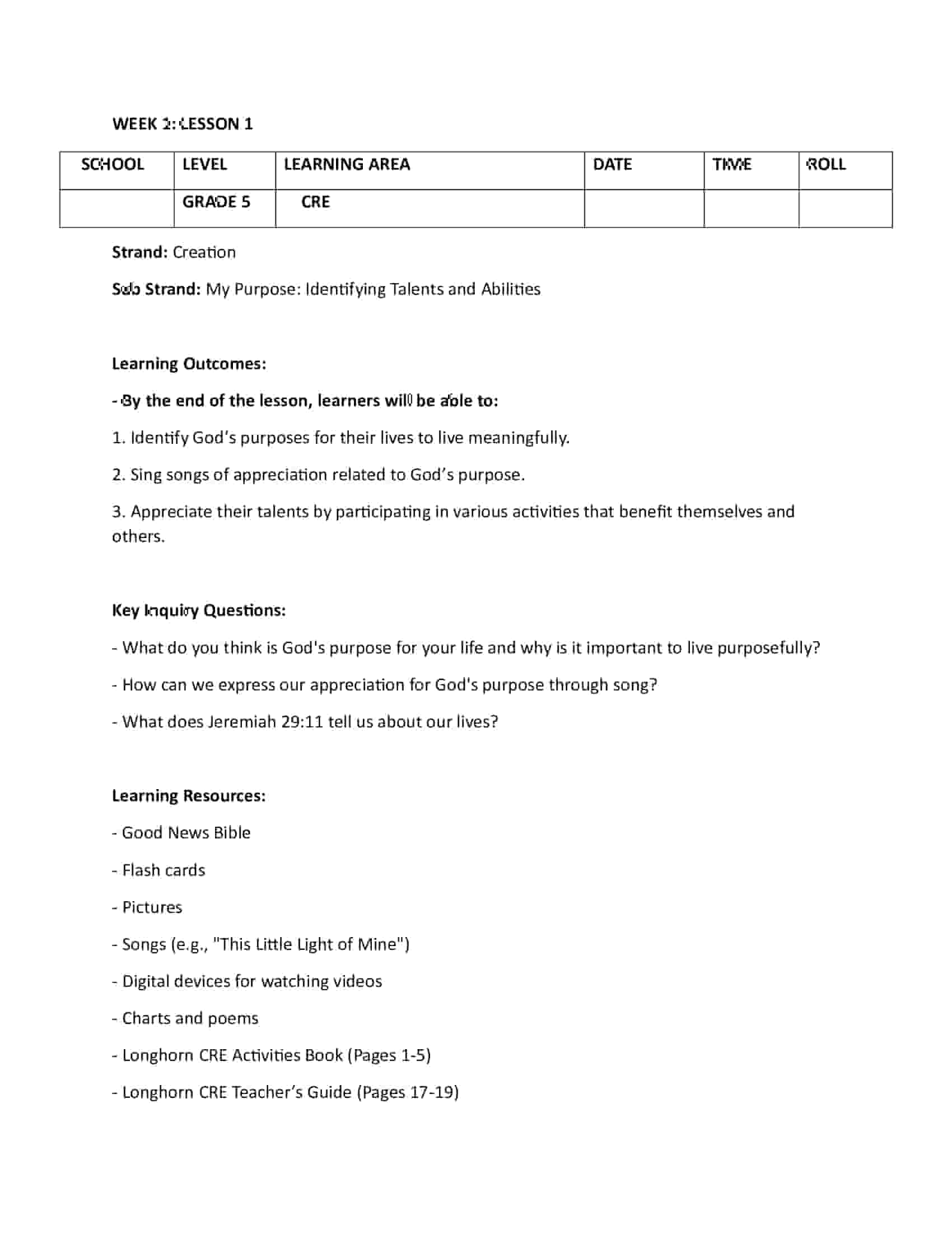 Grade 5 Rationalized CRE Lesson Plans Term 1