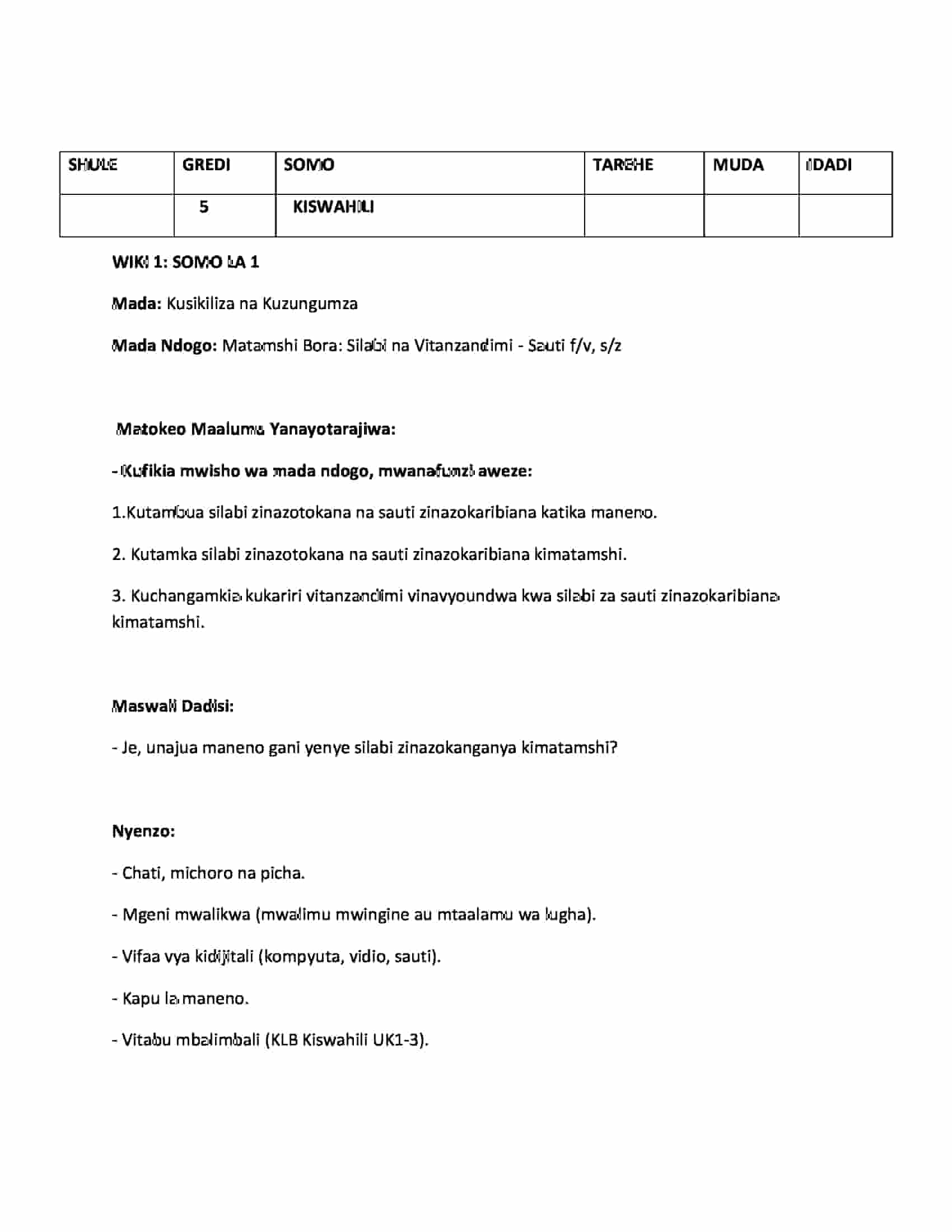 Get Grade 5 Rationalized Kiswahili Lesson Plans Term 1