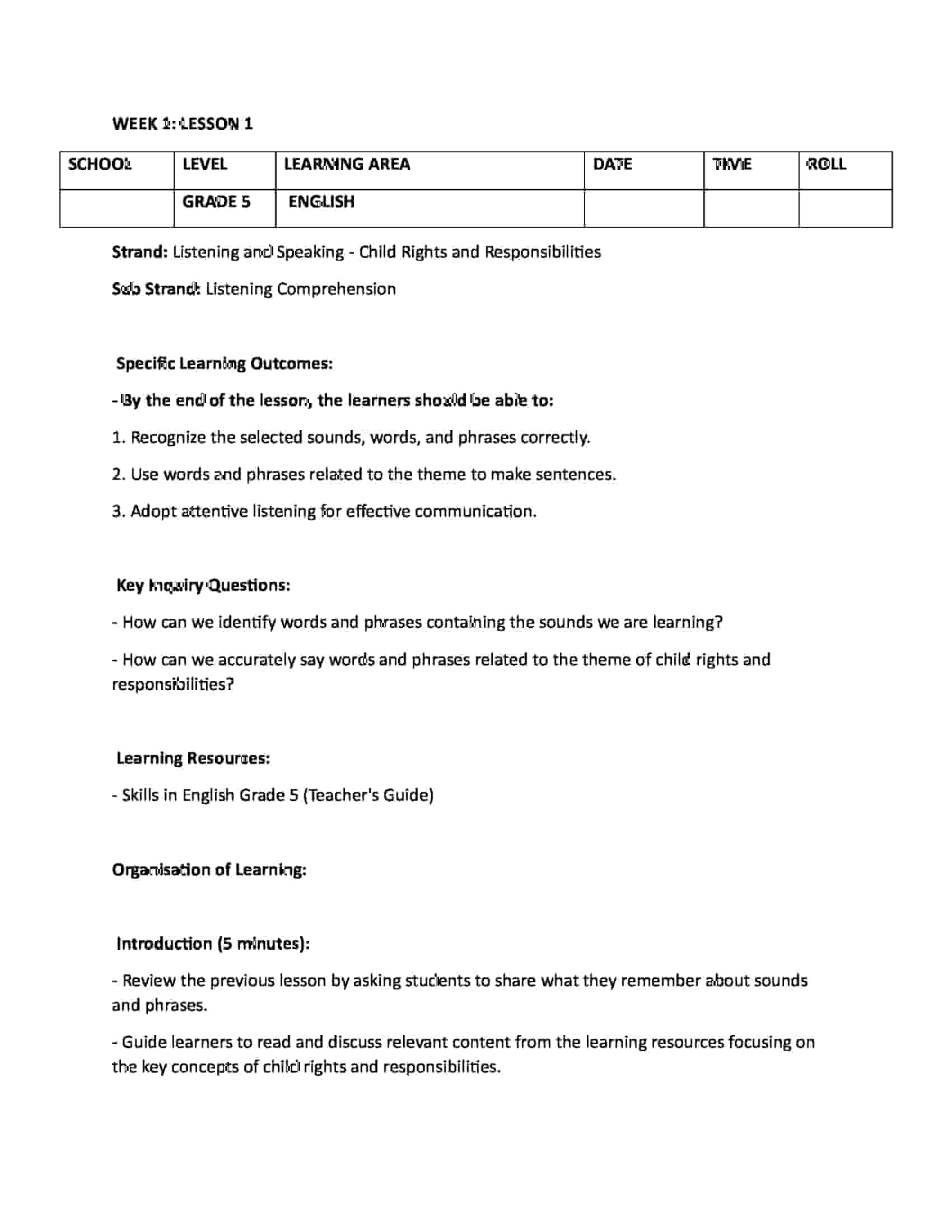 Download Grade 5 Rationalized English Lesson Plans Term 1
