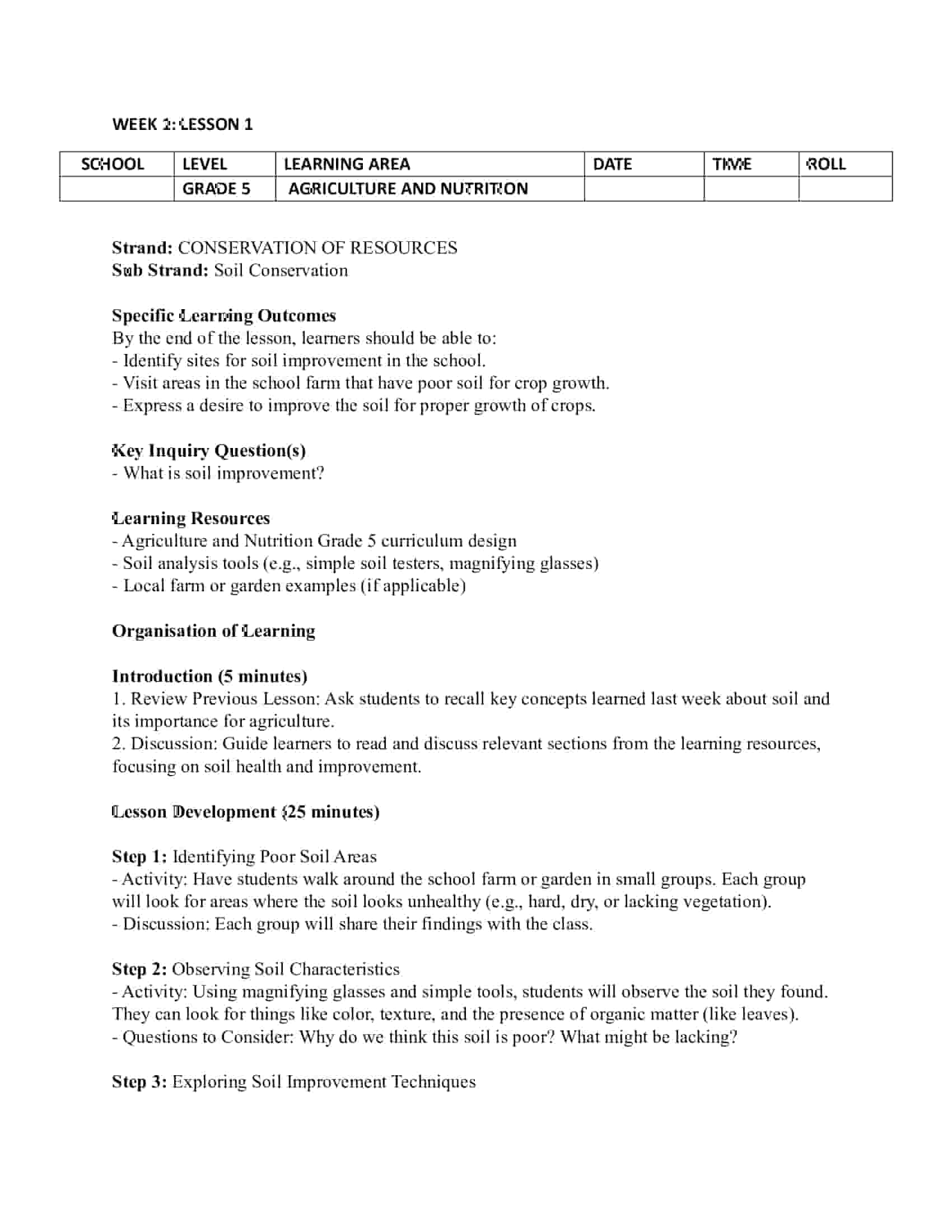 Grade 5 Rationalized Agriculture and Nutrition Lesson Plans Term 1