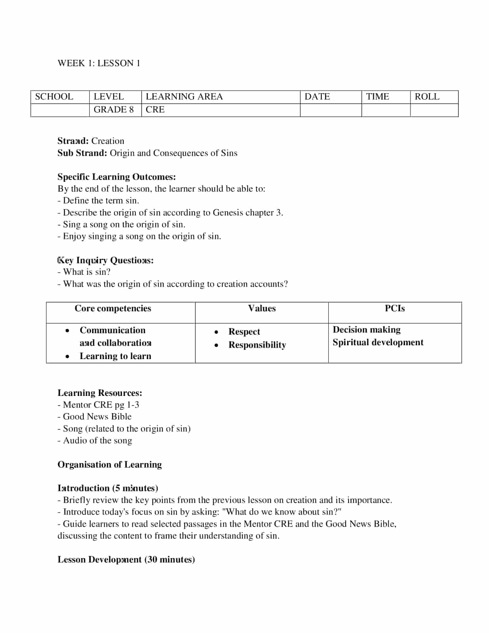 Grade 8 Rationalized CRE Lesson Plans Term 1.