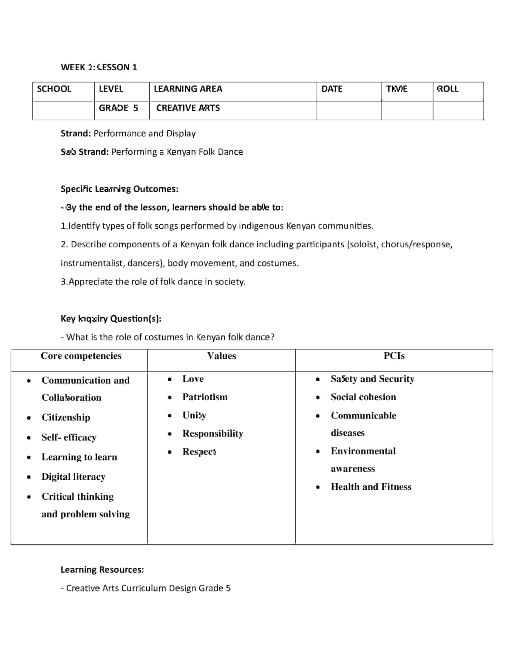 Grade 5 Creative Arts and Sports Lesson Plans Term 3
