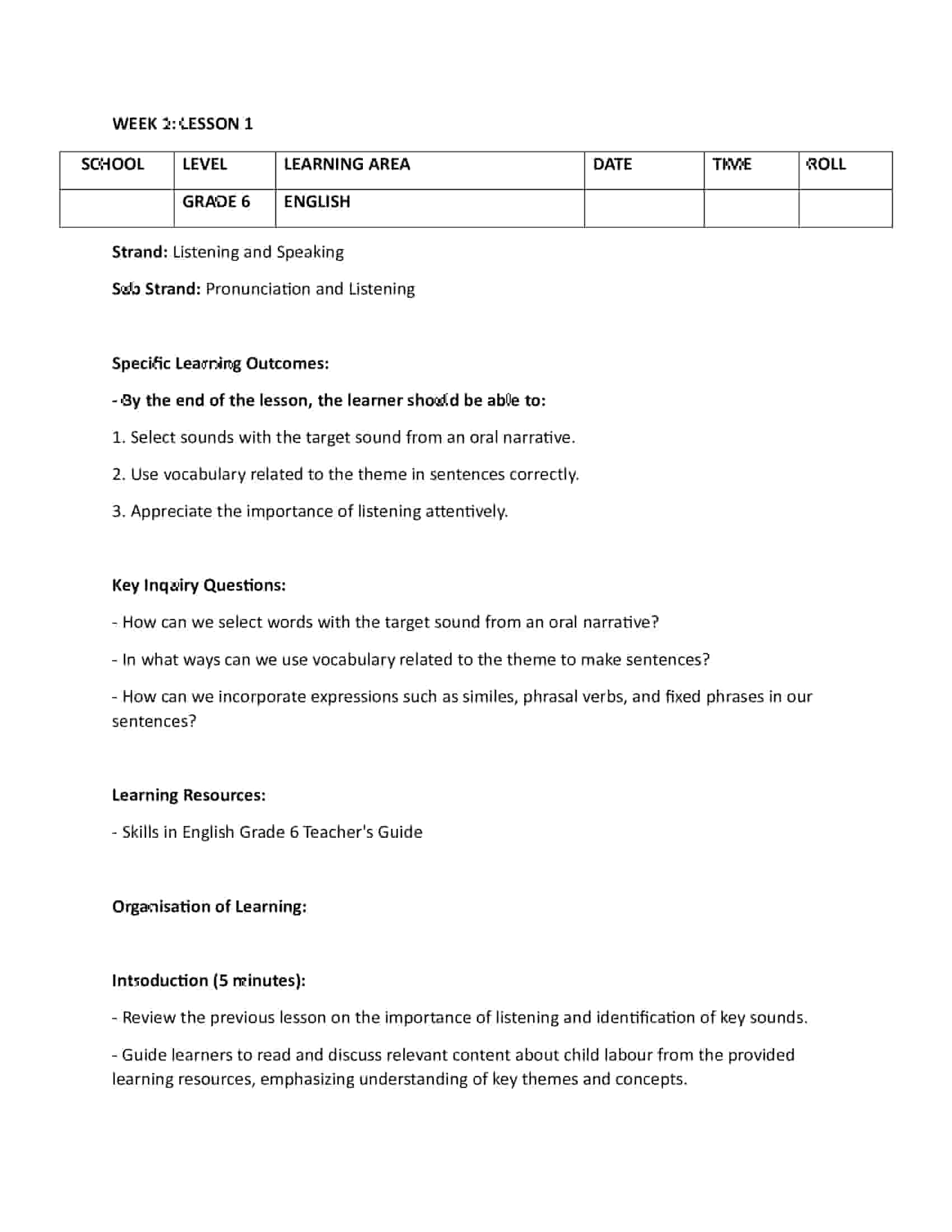 Grade 6 Rationalized English Lesson Plans Term 1