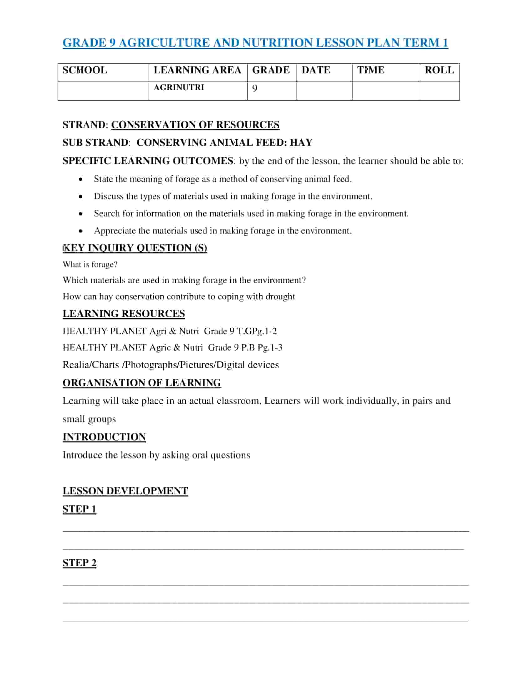 Grade 9 Agriculture and Nutrition Lesson Plan Term 1 – Healthy Planet Agri
