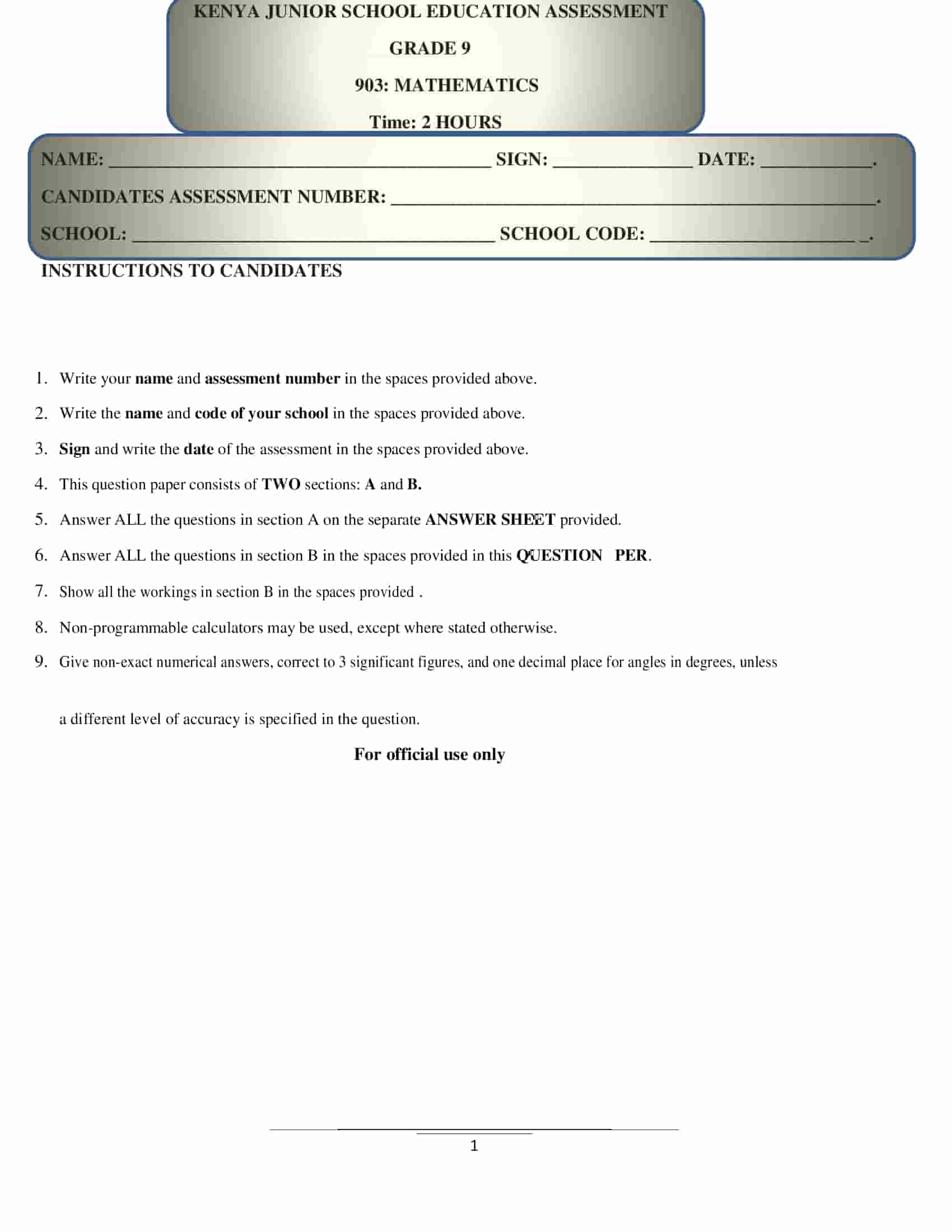 Download Grade 9 Mathematics Exam Set 3.