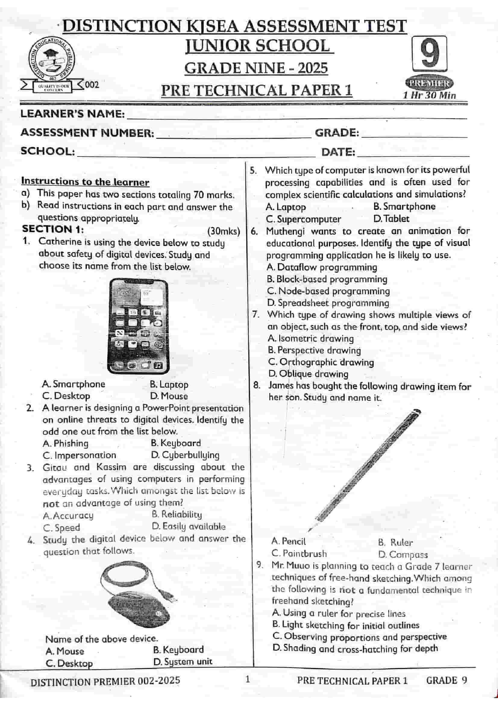 Get Grade 9 Pretechnical Studies Paper 1 Exam Set 6