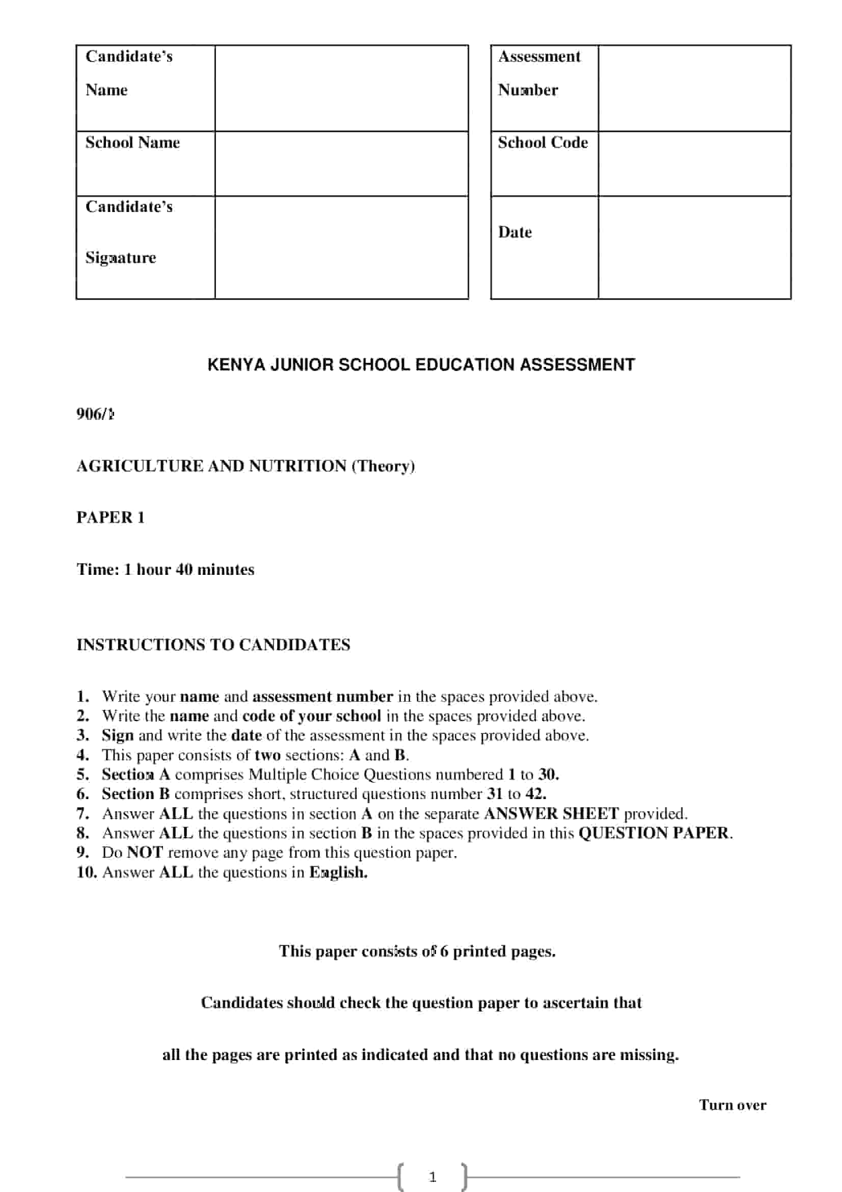 Grade 9 Agriculture and Nutrition (Theory) Paper 1, Exam Set 3