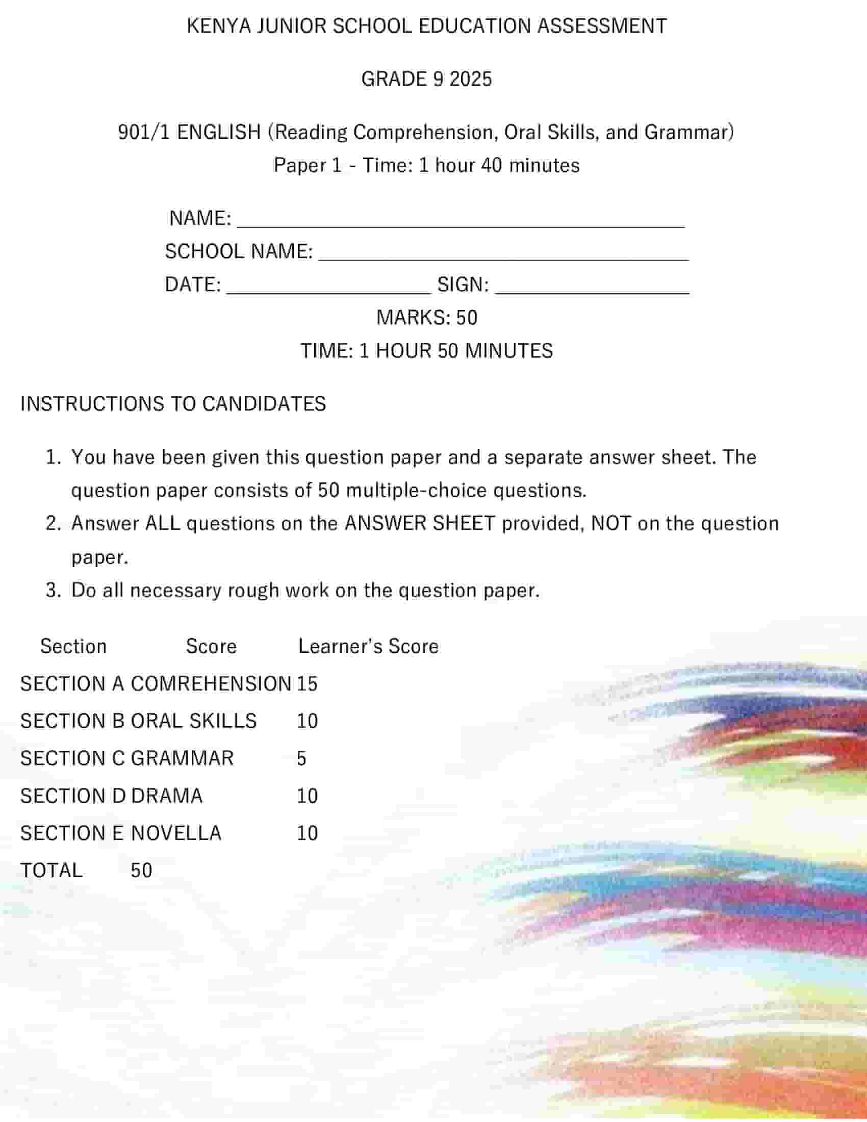 Grade 9 English (Reading Comprehension, Oral Skills, and Grammar) Paper 1: