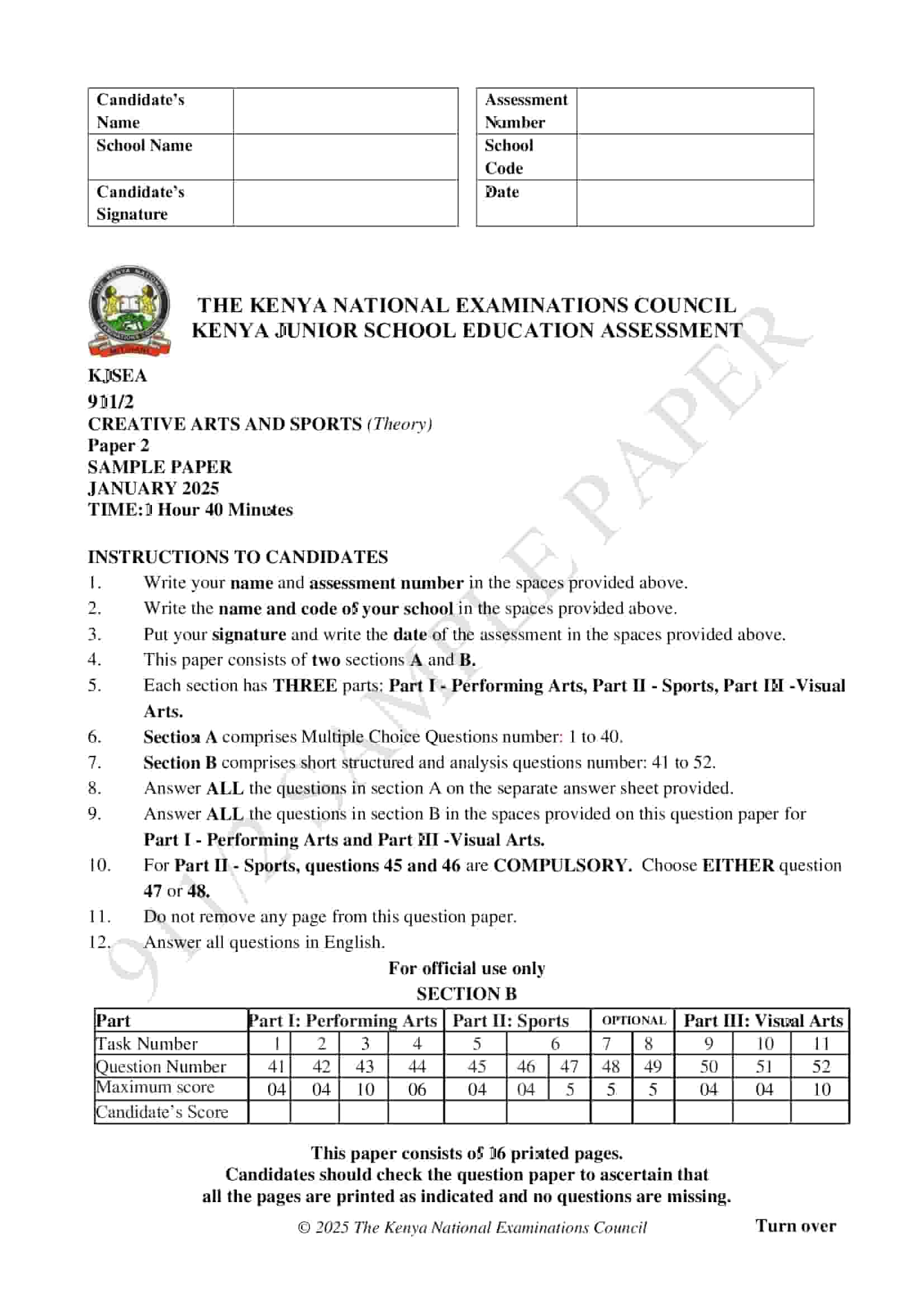 Grade 9 Creative Arts and Sports (Theory) Paper 2
